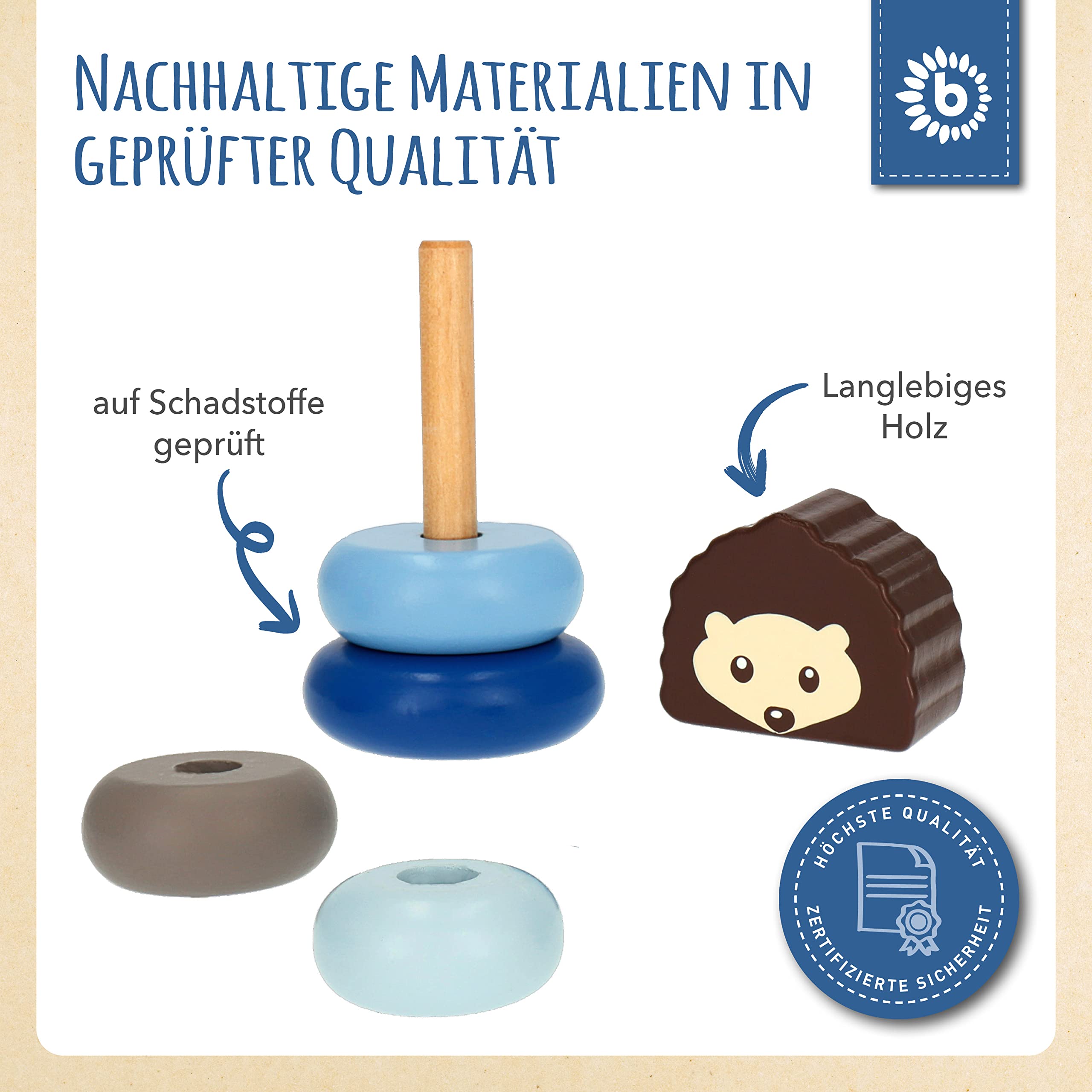 Bieco Wieża do układania w stos drewniany jeż | 13,5 cm, niebieski | wieża układana w stos od 1 roku życia | 5-częściowa piramida wtykowa | nowoczesna gra w stos | kolorowy pierścień piramida | wieża