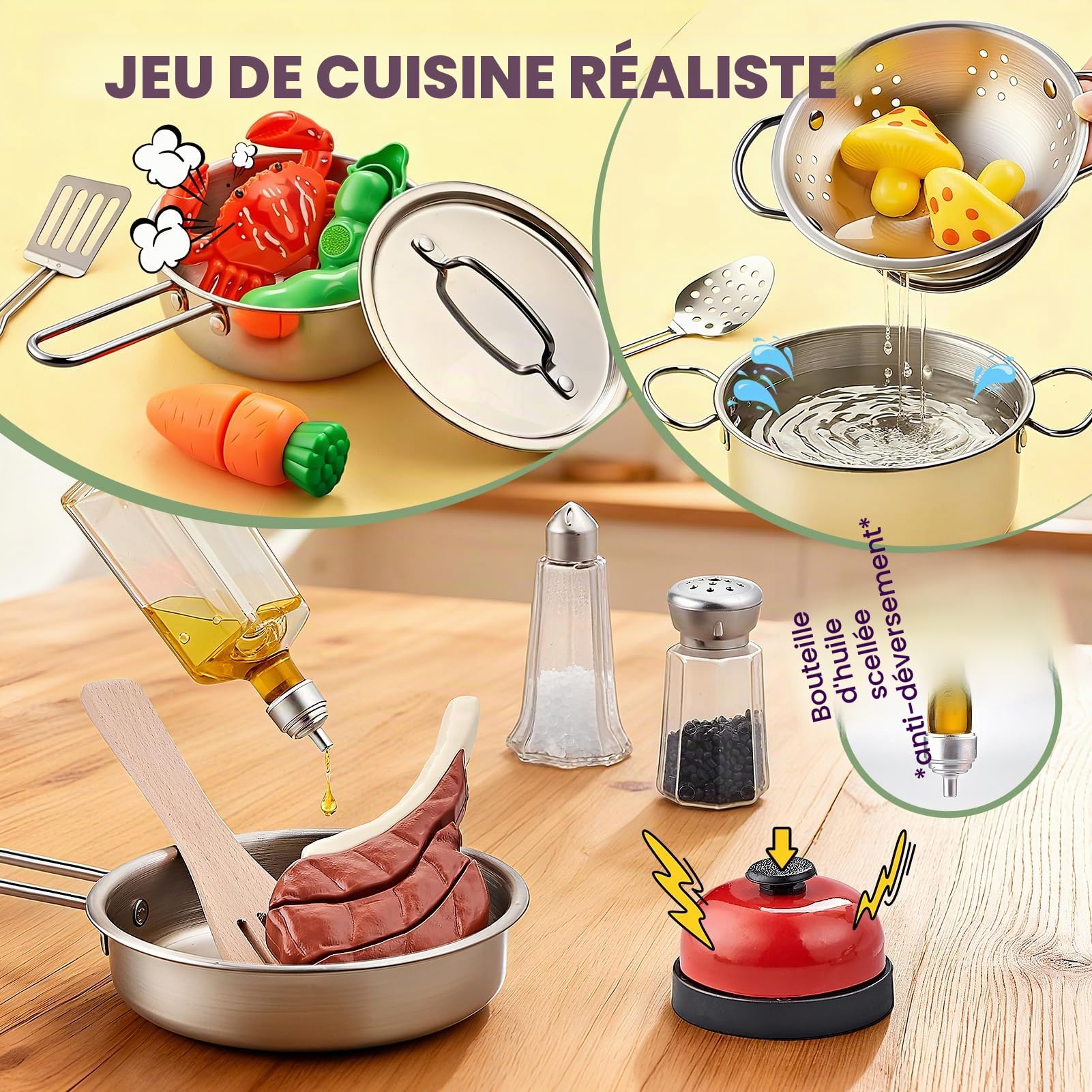 Shimirth 63 Pcs Dinette Enfant en Acier Inoxydable - Accessoire Cuisine Enfant avec Casseroles Jouets, Pizza Exclusive à Découper, 2 Paniers de Rangement, Tablier - Jouet d'Imitation 3 Ans+