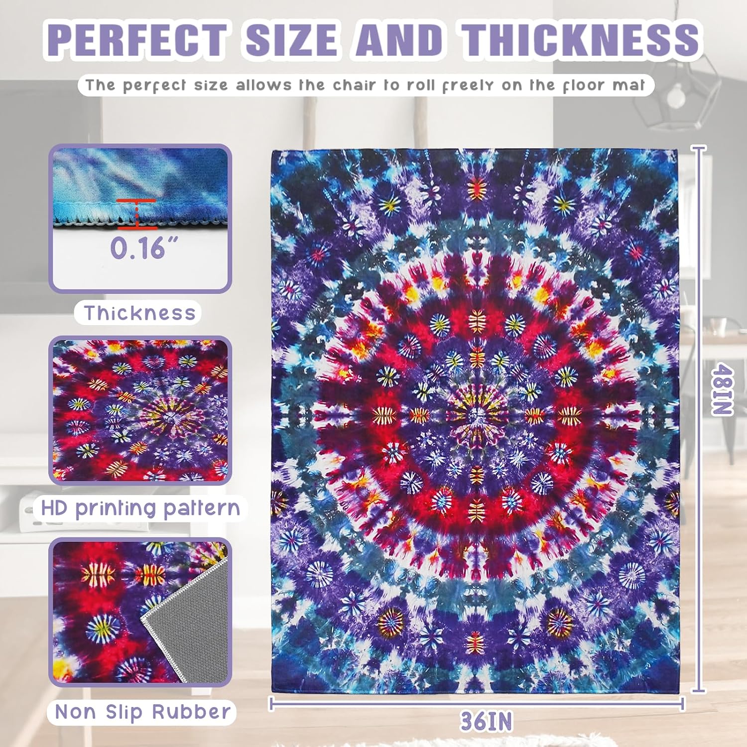 Office Chair Mat for Hardwood Floor 36"X 48" Office Rugs for Gaming Rolling Chairs Computer Desk Chair Non-Slip Tie-dye Protector Mats for Hard Floor & Tile Floor Decor