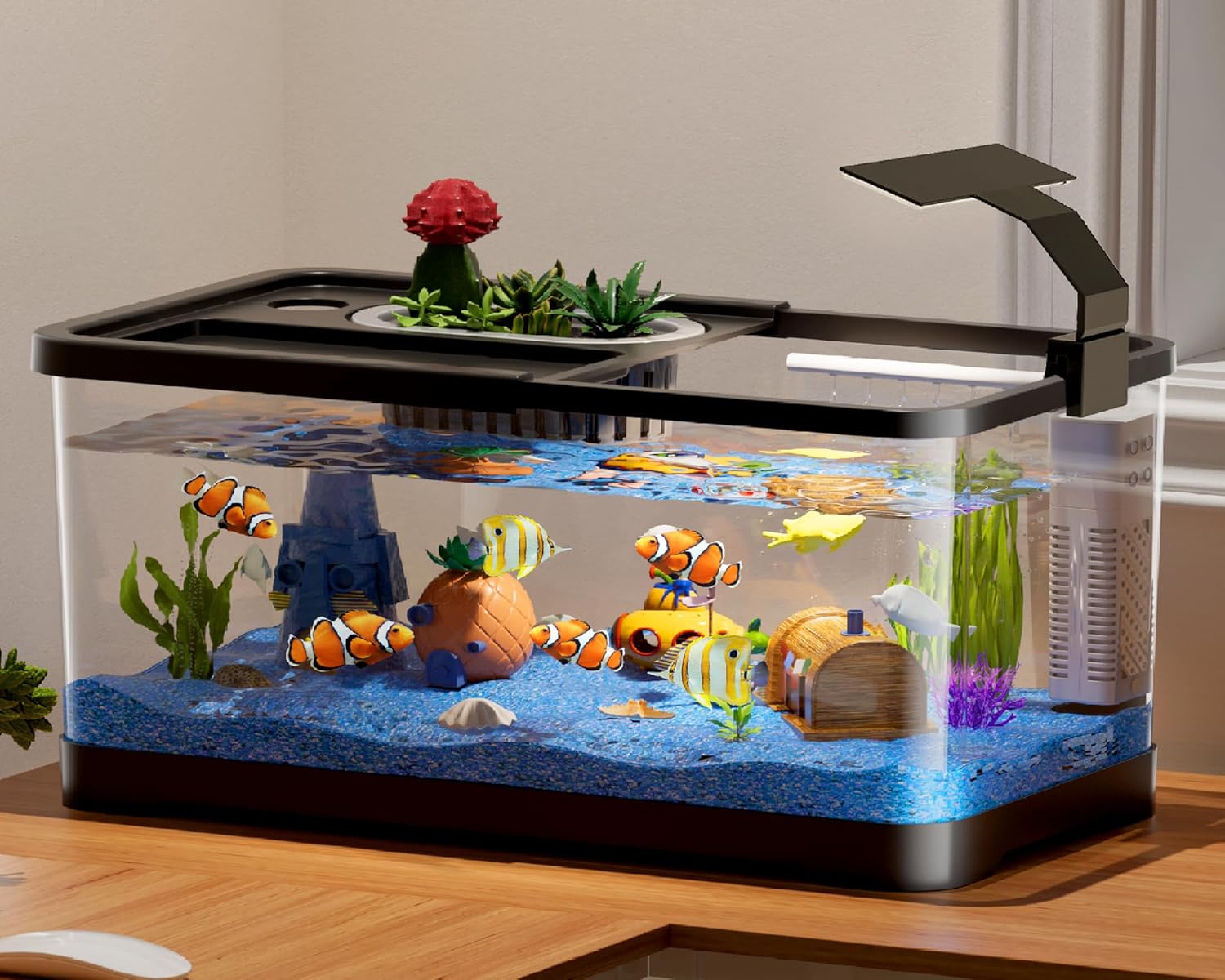 5.3 Gallon Fish Tank, 9 in 1 Betta Fish Tank, Aquarium with LED Full Spectrum 3 Color Light, 3 Modes Filter, Hydroponic Basket, Fishing Net, Shells, Aquatic Plant, Pebbles, Coral, Starter Kit (Black)