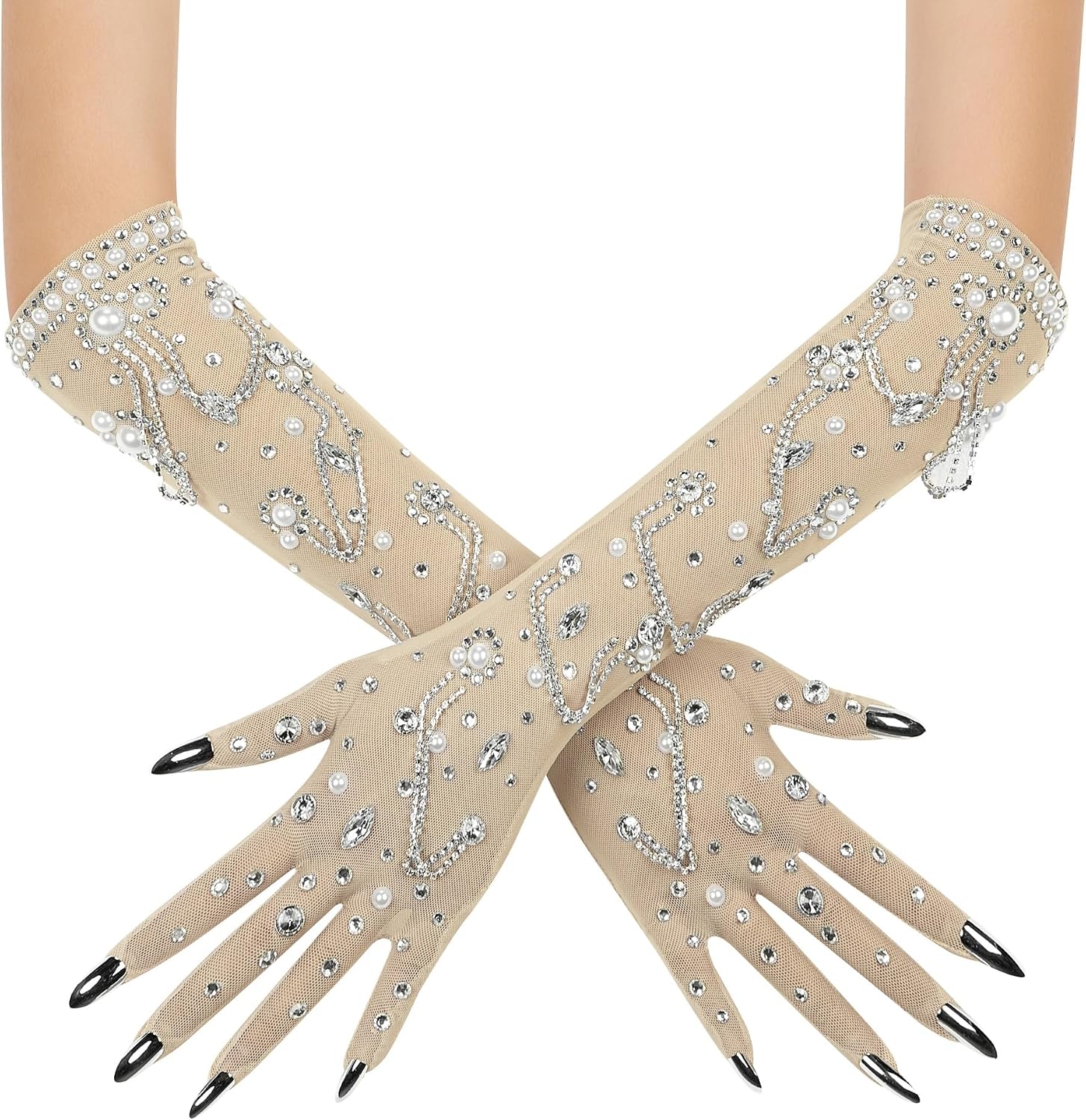 Sparkly Pearl Rhinestone Long Gloves For Women Party Wedding Birthday Costume Drag Queen Accessories