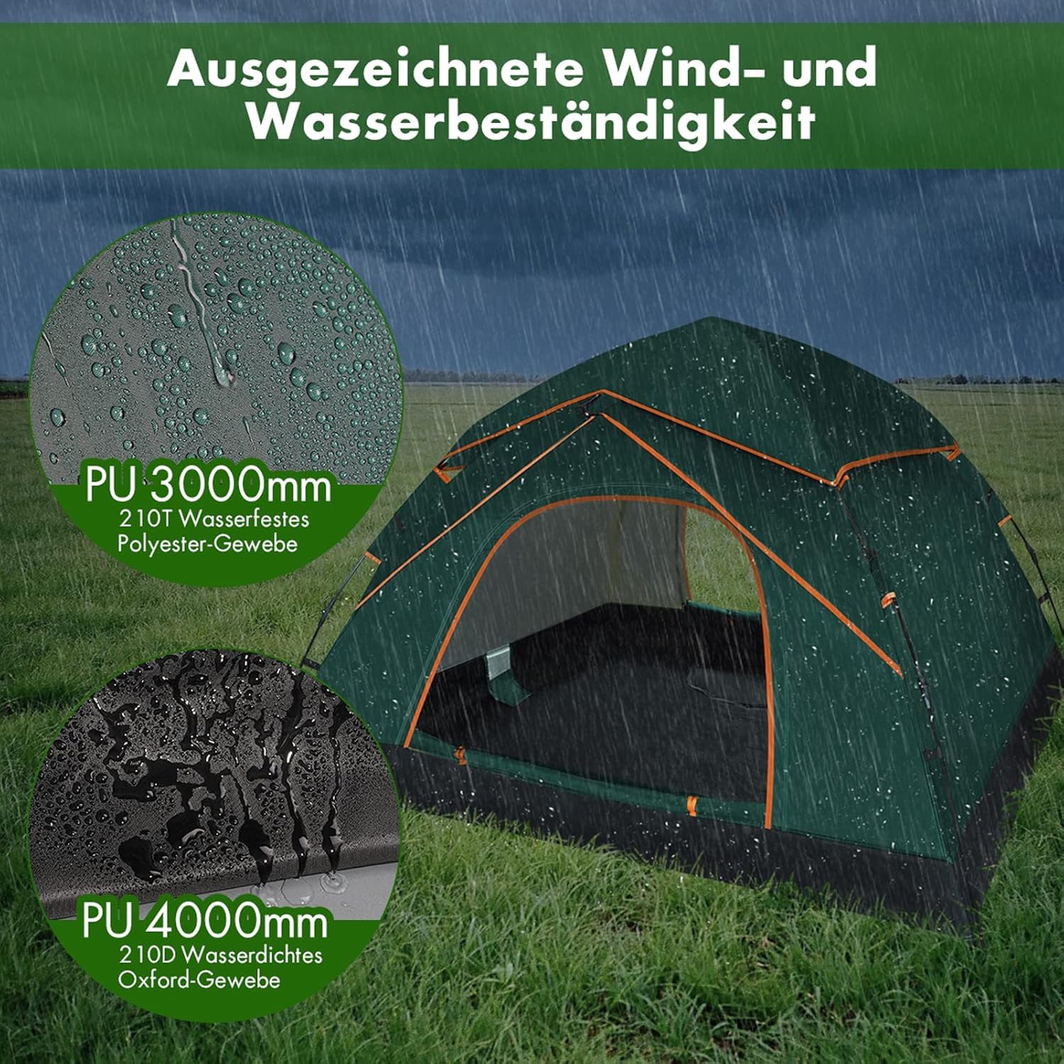 Camping Zelt 2-3 Personen, Automatisches Pop Up Kuppelzelt mit Doppel-Türen, Wasserdicht & Winddicht, 3-4 Saison Zelt Outdoor Zelt für Familie, Trekking und Camping, Waldgrün