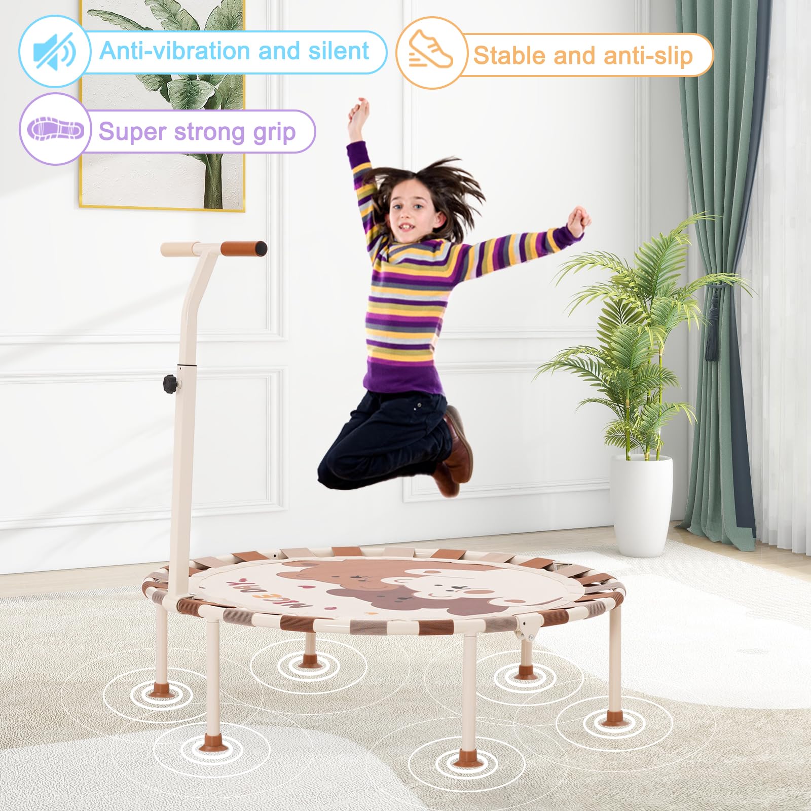 Trampoline Interieur Exterieur Enfants Ø101cm, Mini Trampoline Fitness Pliable avec Poignée en Mousse Réglable et Ventouses Antidérapantes, Récréatif Exercices Cadeau d'anniversaire pour Enfants