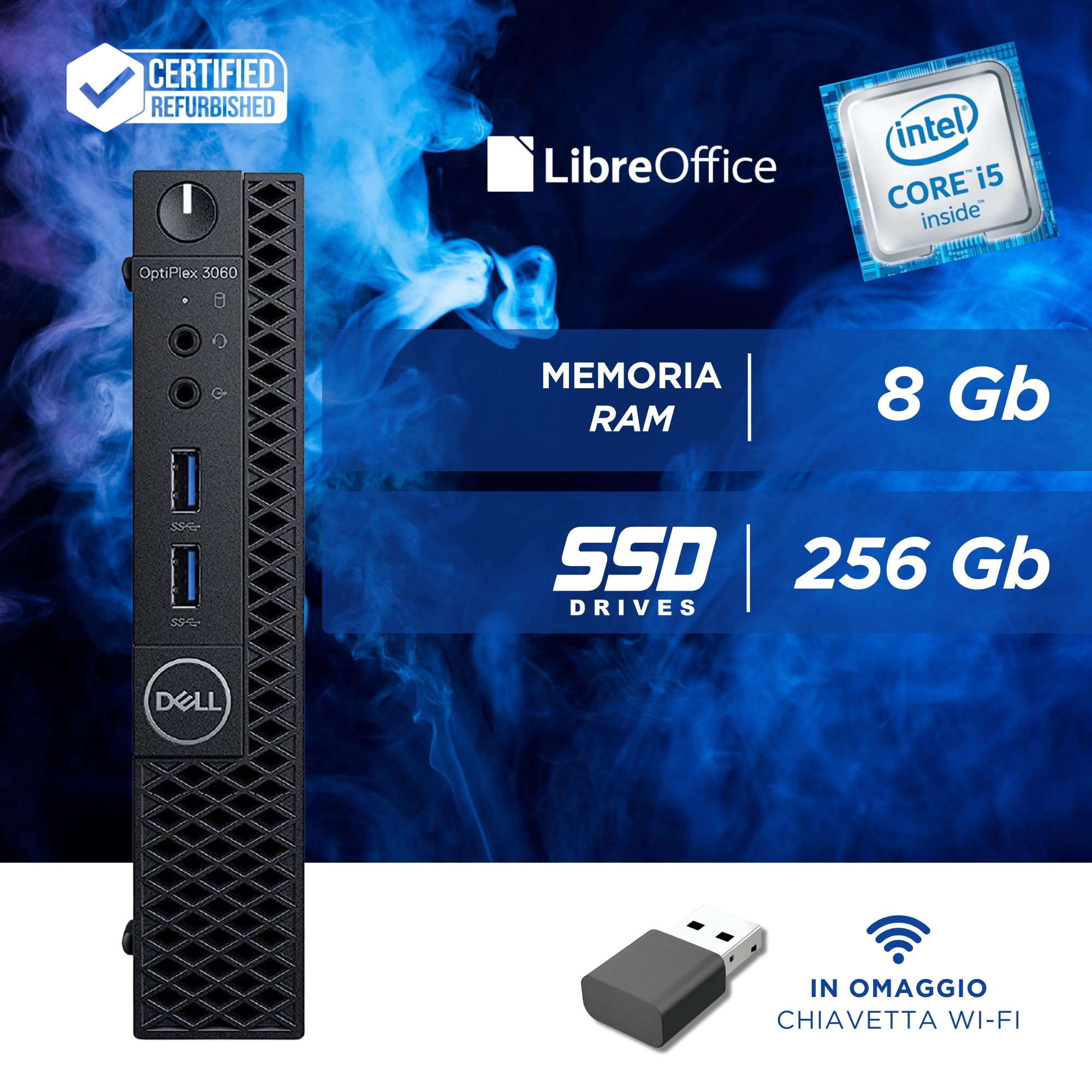 Dell OptiPlex 3060 Micro - Intel i5-8500T 6 Core 2.10 Ghz - Ram 8 GB SSD 256Gb - HDMI Disp Port - Mini Pc Pronto all'uso con Win 11 e Libre Office (Ricondizionato)