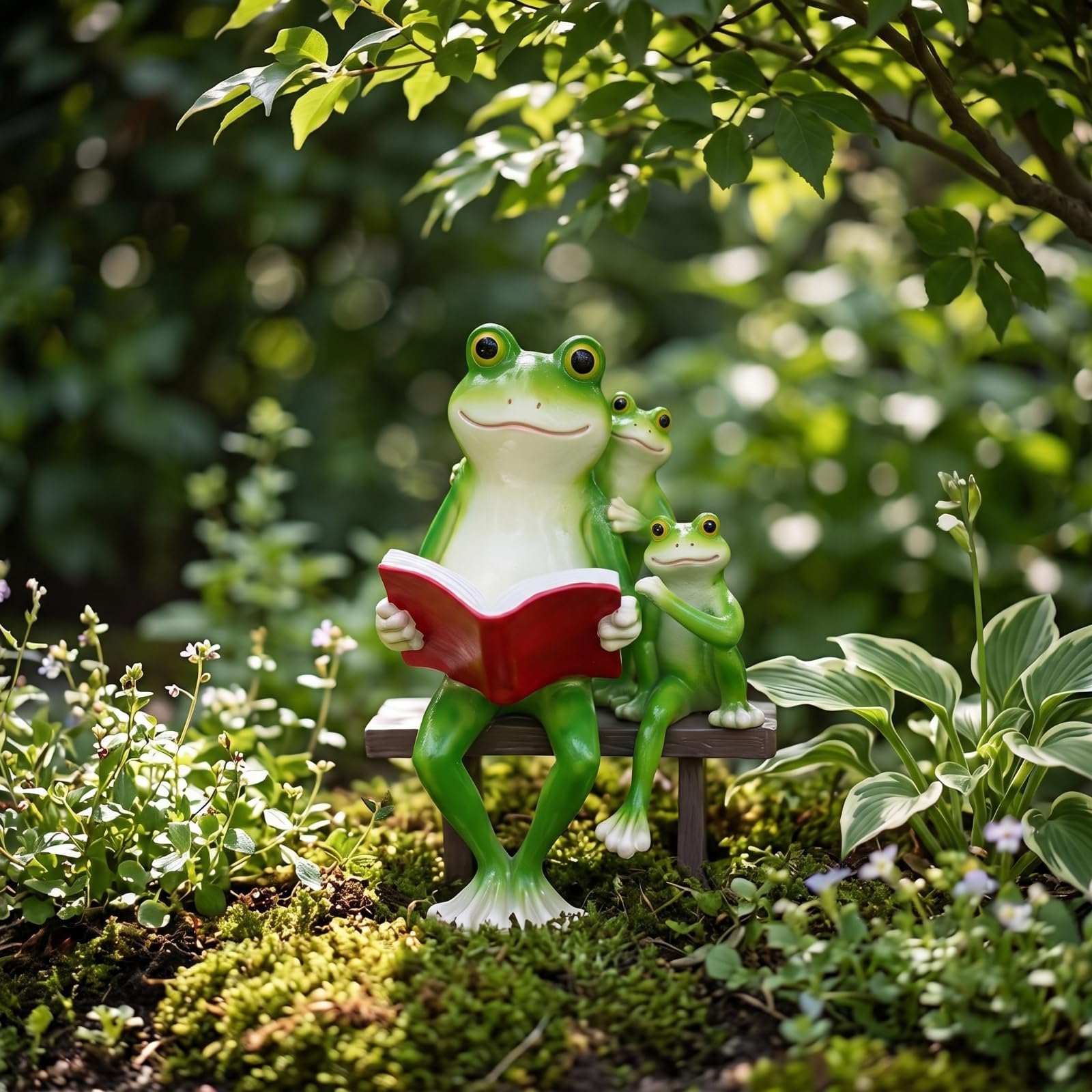 predolo Ländlich Froschfamilie auf Bank | Robustes Kunstharz, Gartenfrosch, Kompakte Größe, Gartenfigur, für Terrasse, Balkon, Blumenbeet, Frosch-Sammler