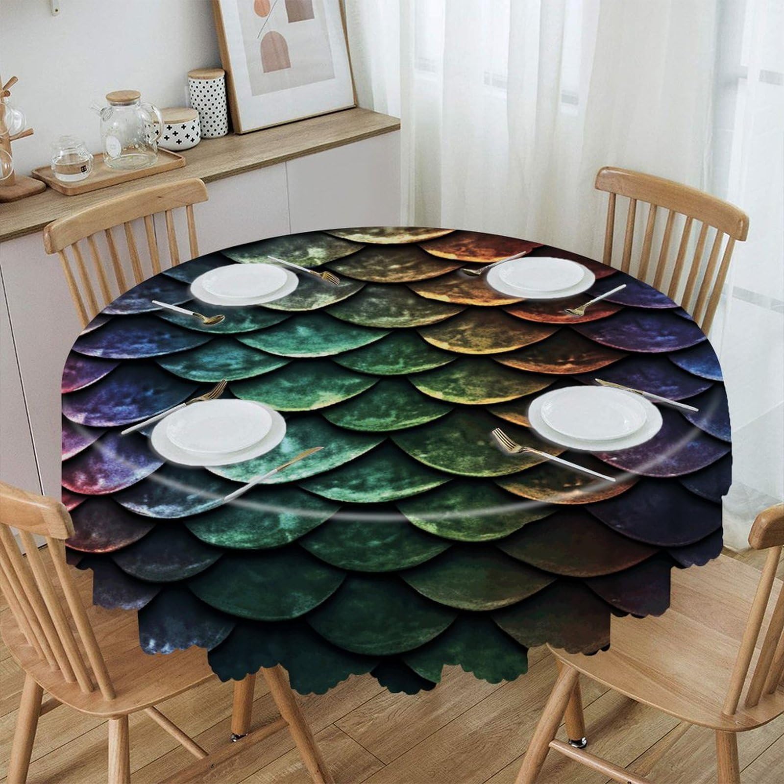 VstaDank Dragon Scale Round Tablecloth Premium Polyester Table Cloth Heavy Duty Washable Fabric Tablecloth Waterproof Holiday Table Cover Decorative Tablecloths for Dining 60"