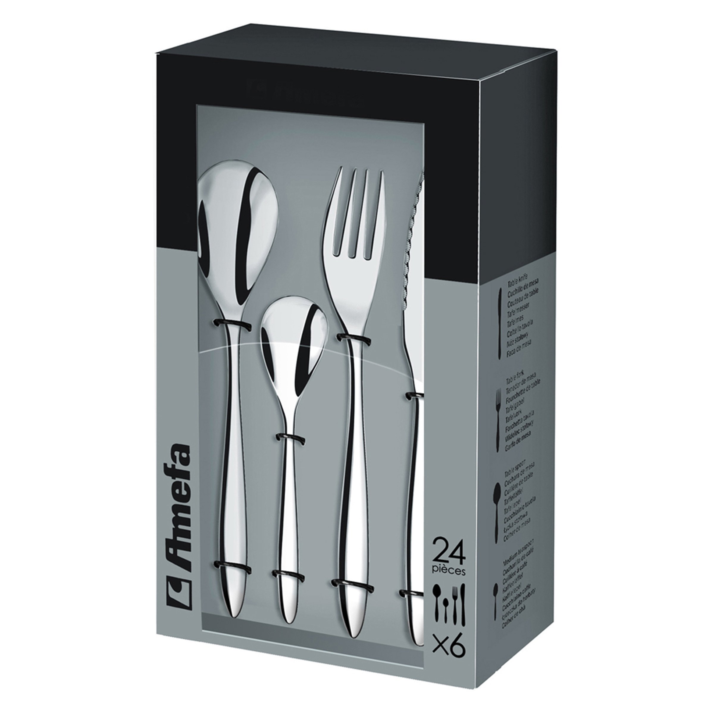 Amazon Basics Service de table 18 pièces - Lignes modernes, pour 6 personnes & Amefa Instinct Ménagère 24 pièces - Coffret 6 personnes, Acier inoxydable, Finition brillante, 13,7 x 7 x 26,5 cm