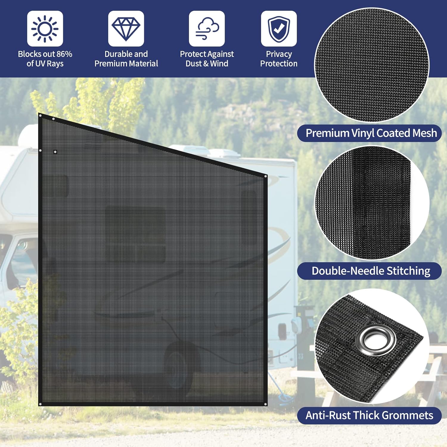 NAIMORUI RV Awning Side Shade, 9'X7' RV Awning Side Shade Screen, Camper Sunshade Complete Kits Motorhome Trailer UV Blocker, Black