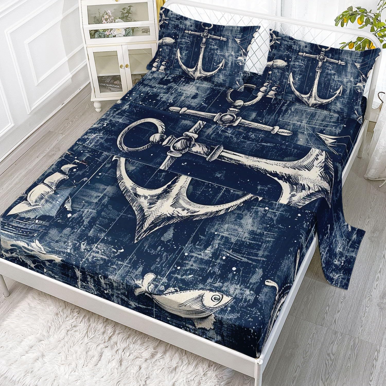 ボートフック オーシャンプリント クイーンシーツセット ティーン、男の子、女の子用ベッドシーツ4点、フラットシーツ1枚、ボックスシー