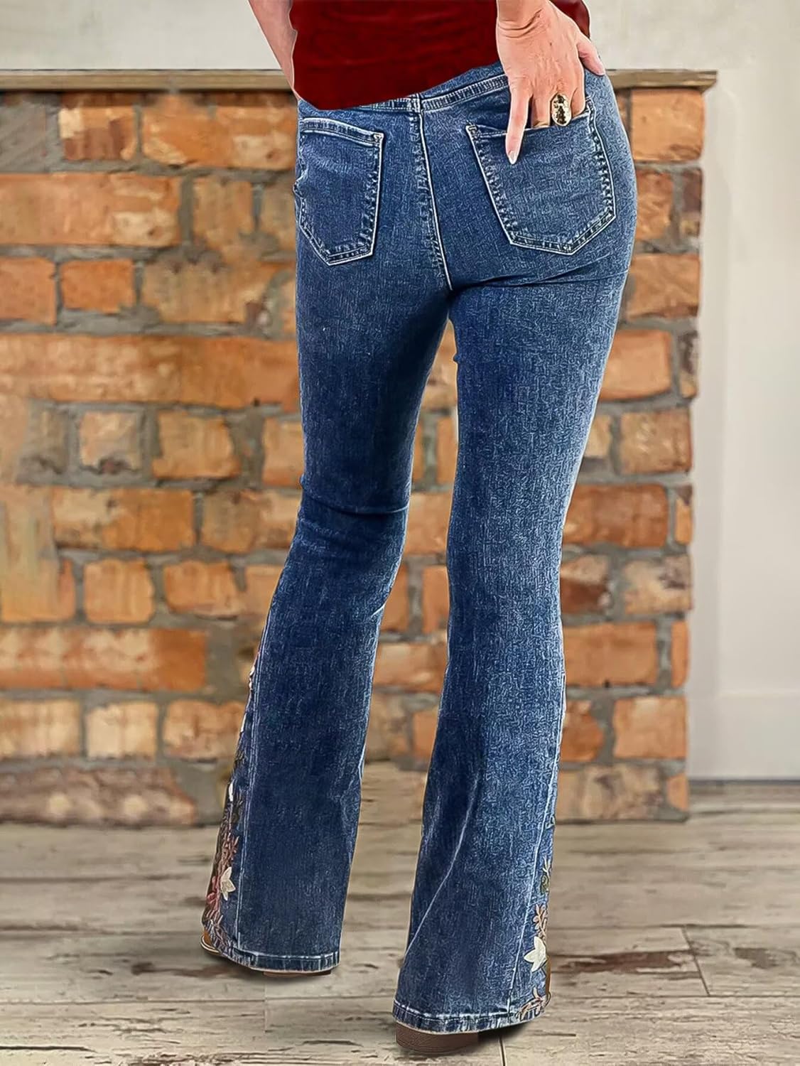 Flamingals Women's Floral Embroidery Mid Waist High Stretch Bootcut Jeans with Pockets - Image 5