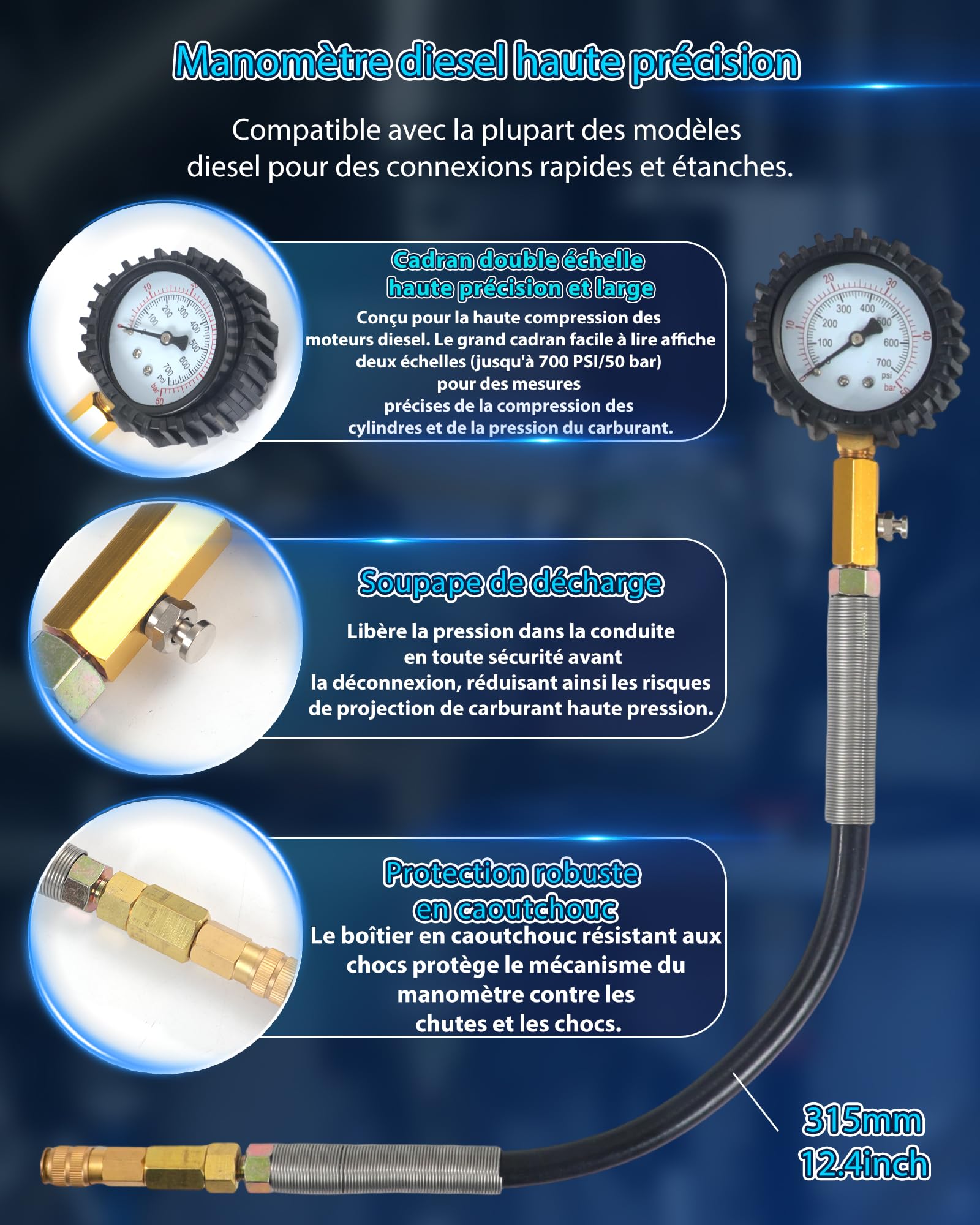46 Pièces Kit de Testeur de Compression Automobile avec Manomètre à Double Cadran Diesel & Essence Compressiometre Test d'étanchéité cylindres Test Perte Pression pour HDi, TDCi, Pompe Injection (PD)
