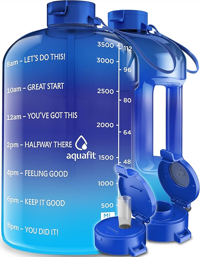 AQUAFIT One Gallon Water Bottle With Time Marker 128 oz Water Bottle With Straw