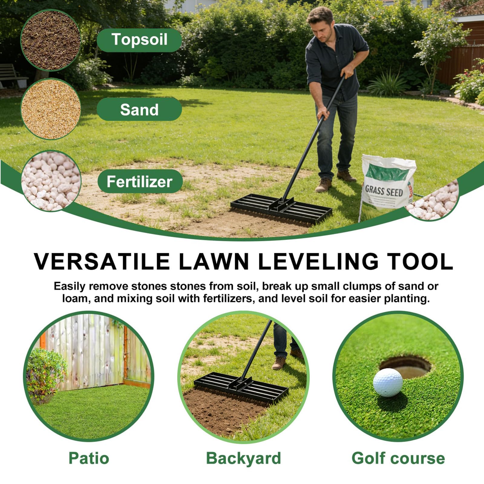 Lawn Levelling Rake uk with 200cm Long Handle, 75x25cm Leveling Base Ergonomic Effort Saving Garden Lawn Level Tool, Landscape Rake Soil Sand Dirt Ground Leveler Tool for Patio Yard Garden Golf Course — view 8