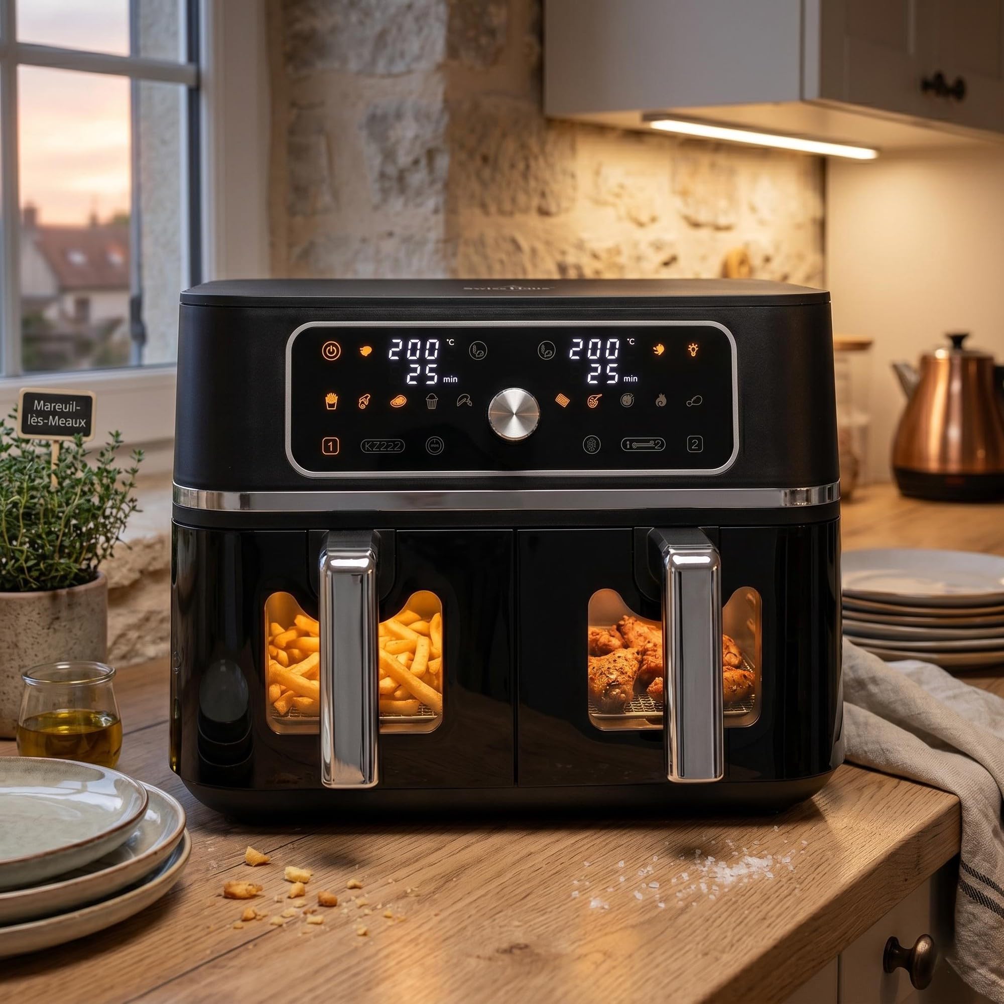 Frytkownica na gorące powietrze z podwójnym koszem Basel Premium Collection - 10 programów, synchronizowane gotowanie, 3100W - 9 l (4,5 L x 2) - Czarny SH-AF2309
