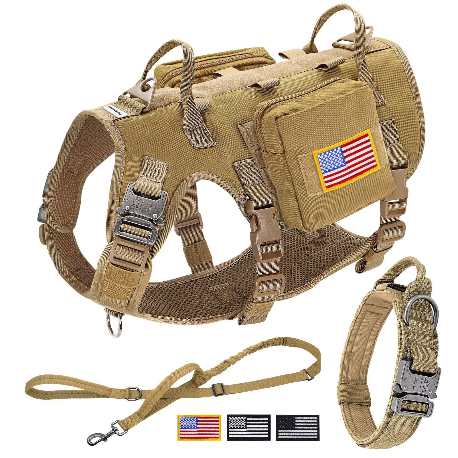 Forestpaw Tactical Dog Vest Harness & Military Dog Collar w/ Bungee Leash Set - No Pull Control - Backpack - Coyote Brown M/L