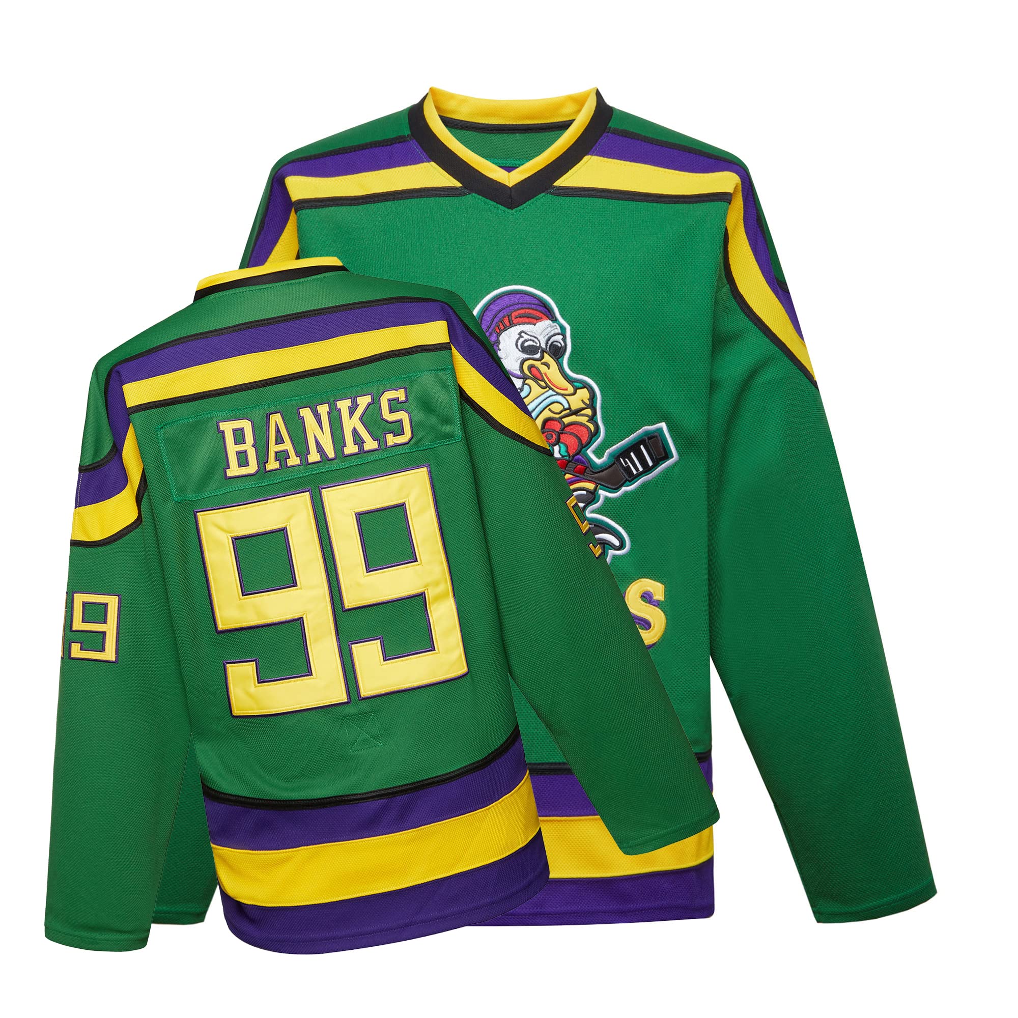 Mighty Ducks Jersey Movie Ice Hockey Jersey S-XXL Charlie Conway #96 Adam Banks #99, 90S Hip Hop Clothing for Party, #99 Green, S