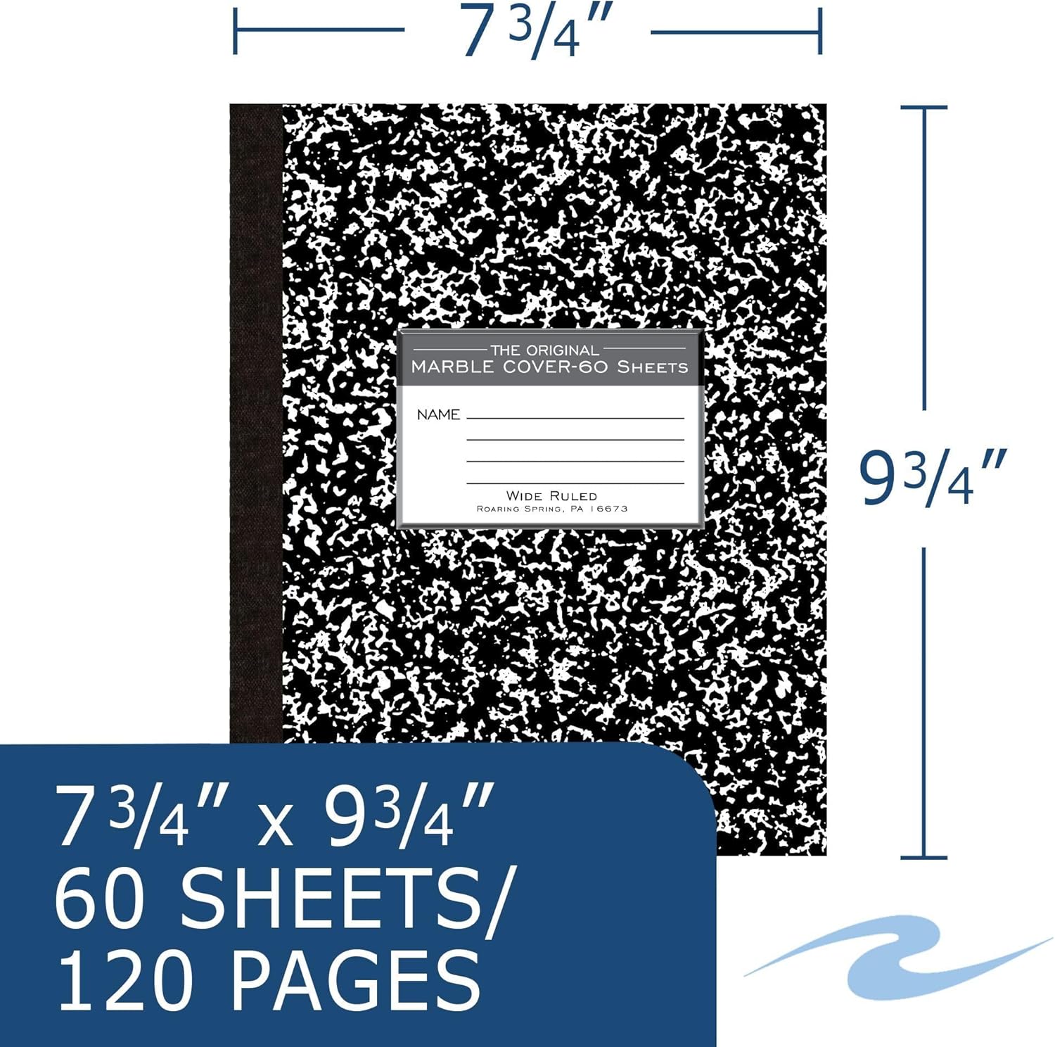ROARING SPRING Flexible Cover Composition Notebook, 72 Books, Black Marble, Wide Ruled w/Margin, 60 Sheets (120 Pages), 9.75" × 7.75", Center-Sewn, Made in USA