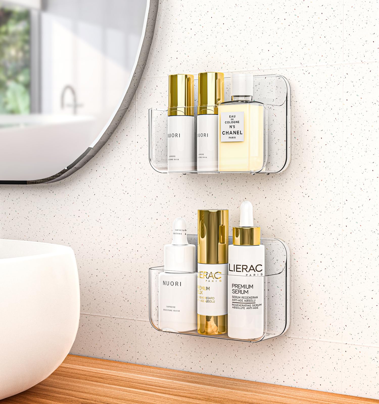 JNDETOP Shower Caddy 2 Pack Adhesive Clear Acrylic Bathroom Shower Shelf Organizer Transparent No Drilling Wall Mount Bathroom