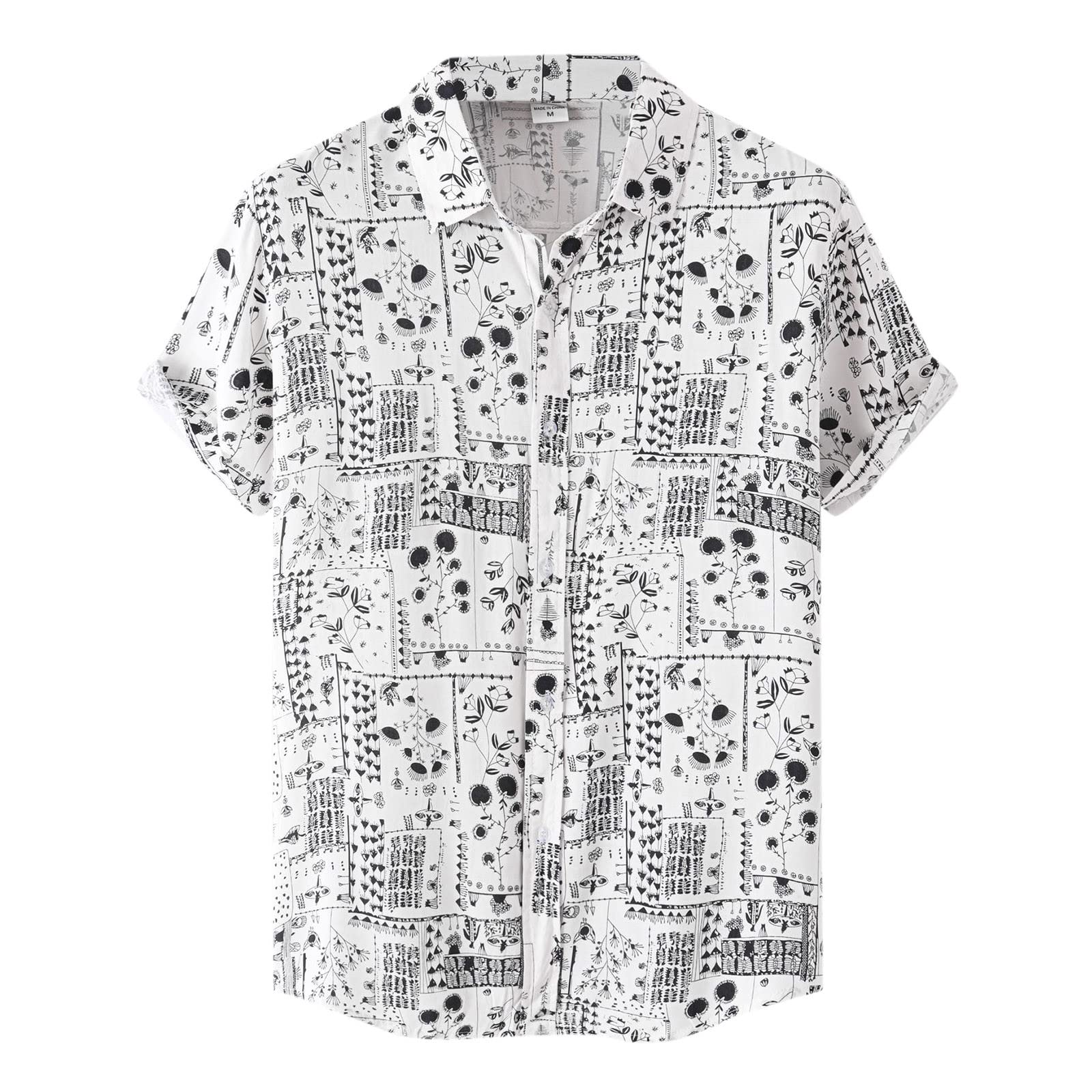 HUTcPNy Camisas Manga Corta Hombre Lino Camisa de Cuadros Camisa Casual con un Solo Estampado Camisa de Manga con Cuello Corto para Hombres Camisas geométricas para Hombres