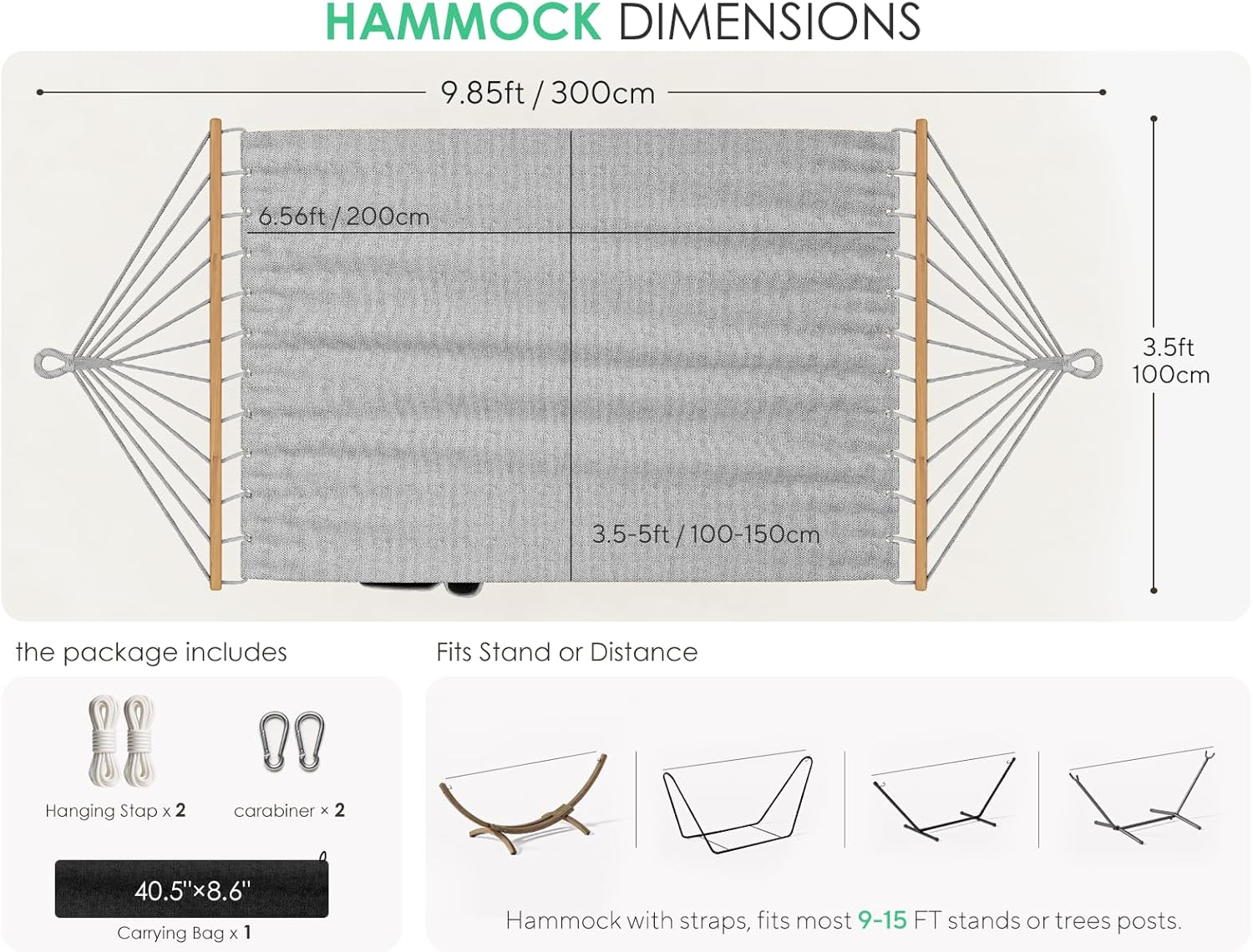 Hammock for Outside, Double Hammocks Without Stand, 2 Person, Spreader Wooden Bar, Side Storage, for Outdoor, Indoor, Patio (Light Grey)