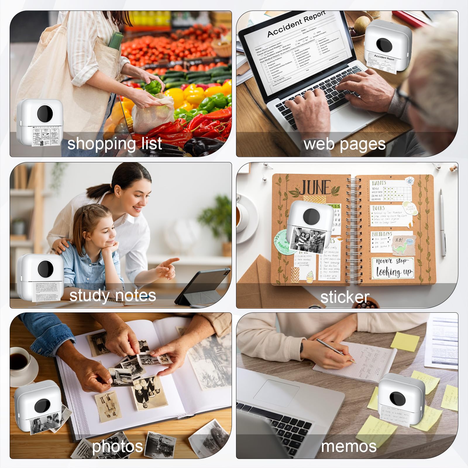 Mini stampante con custodia, mini stampante per etichette, portatile, 10 rotoli, stampante per foto, Bluetooth, stampante termica per assistenza, note di apprendimento, diario, memo (bianco con bag)