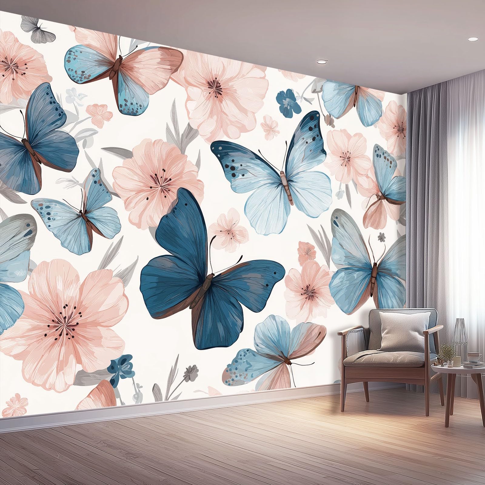 Fototapeta 400 x 280 cm ściany dekoracja salonu roślina do sypialni salonu tapeta z włókniny, akwarela kwiaty motyle