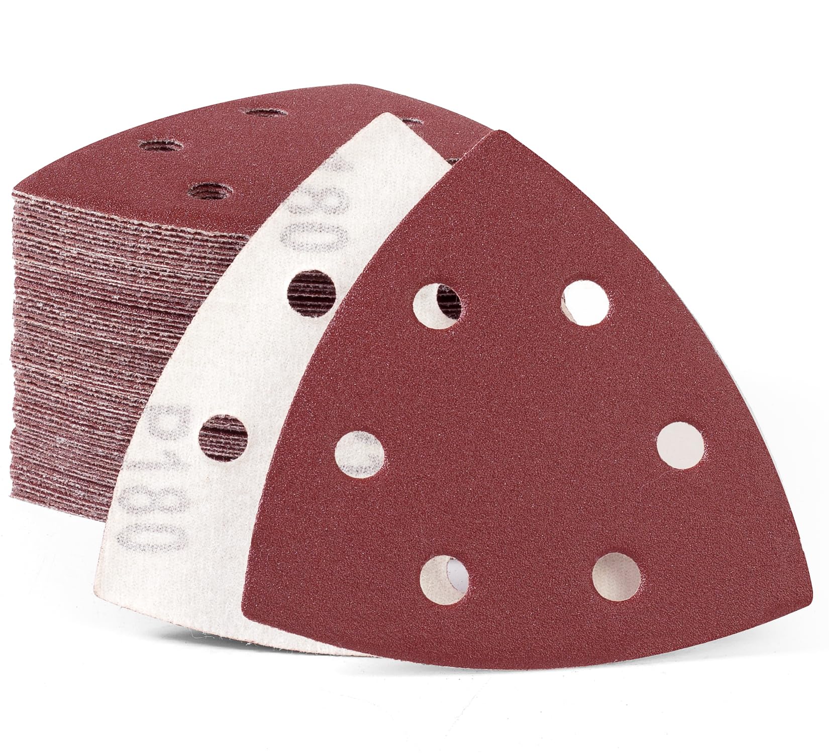 SATC 60 PCS 93mm Delta-Triangle Sanding Sheets 180 Grit Detail Sander Pads Durable Dust-Free 6-Holes Sander Sandpaper Hook and Loop Triangle Sanding 93 x 93 x 93mm