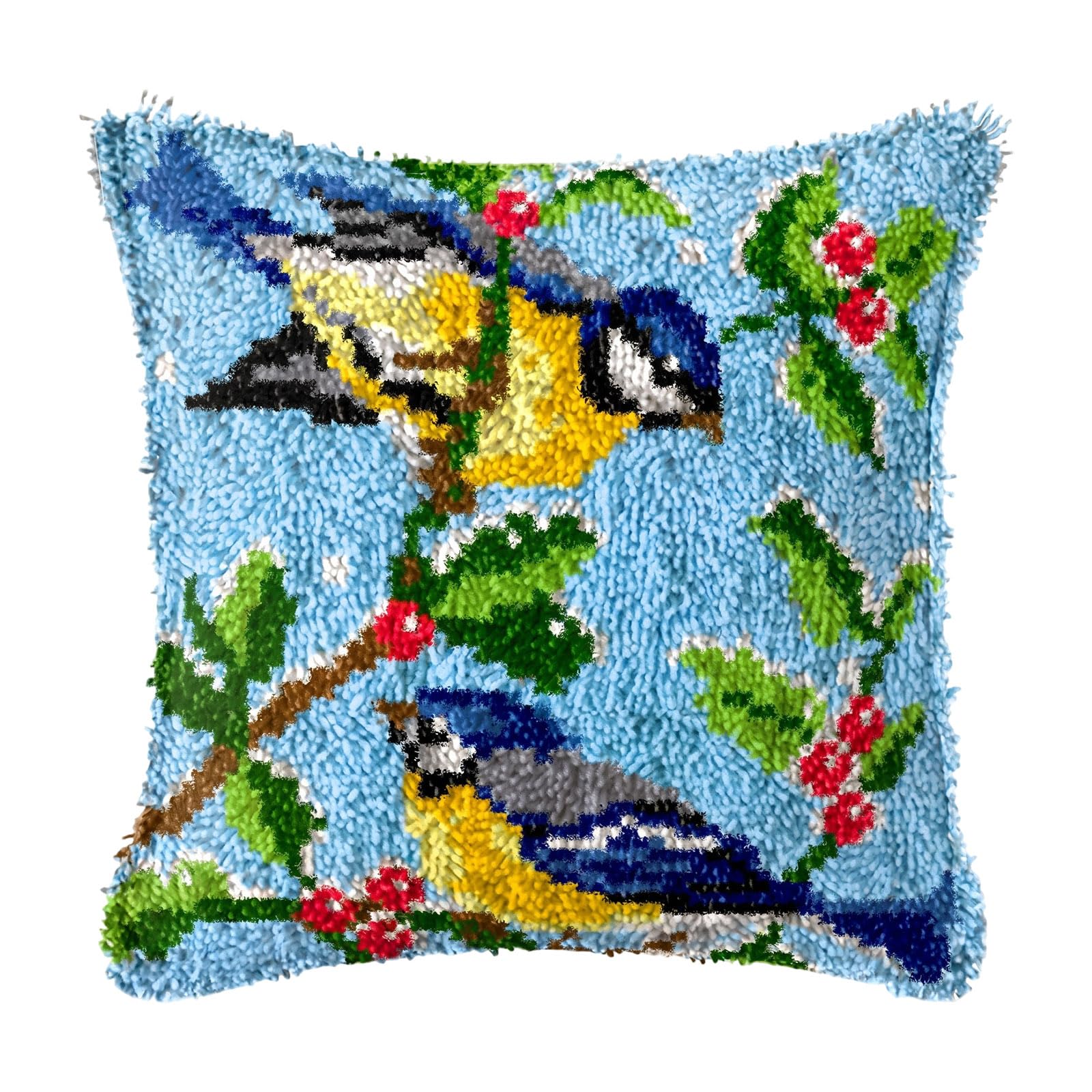 DIY Latch Hook Kits,3D Pillow Materials Package Latch Hook Embroidery Cushion Cover Kits Handmade Cross Stitch Sofa Cushion Cover with Tool for Beginner Home Sofa Decor Gift( Blue Tit Motif)-43x43cm