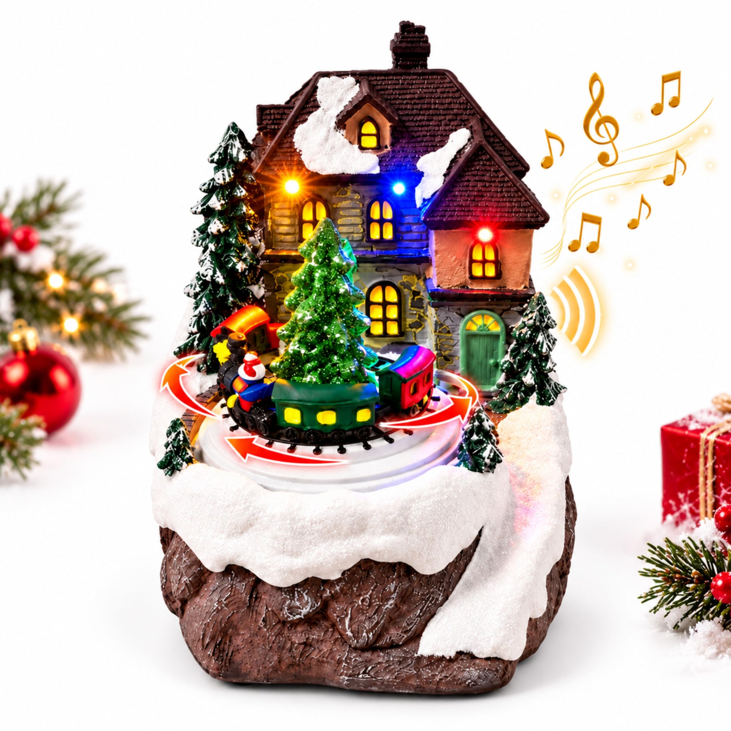 ADEPTNA Light Up Rotating Musical Christmas Train & Tree Scene