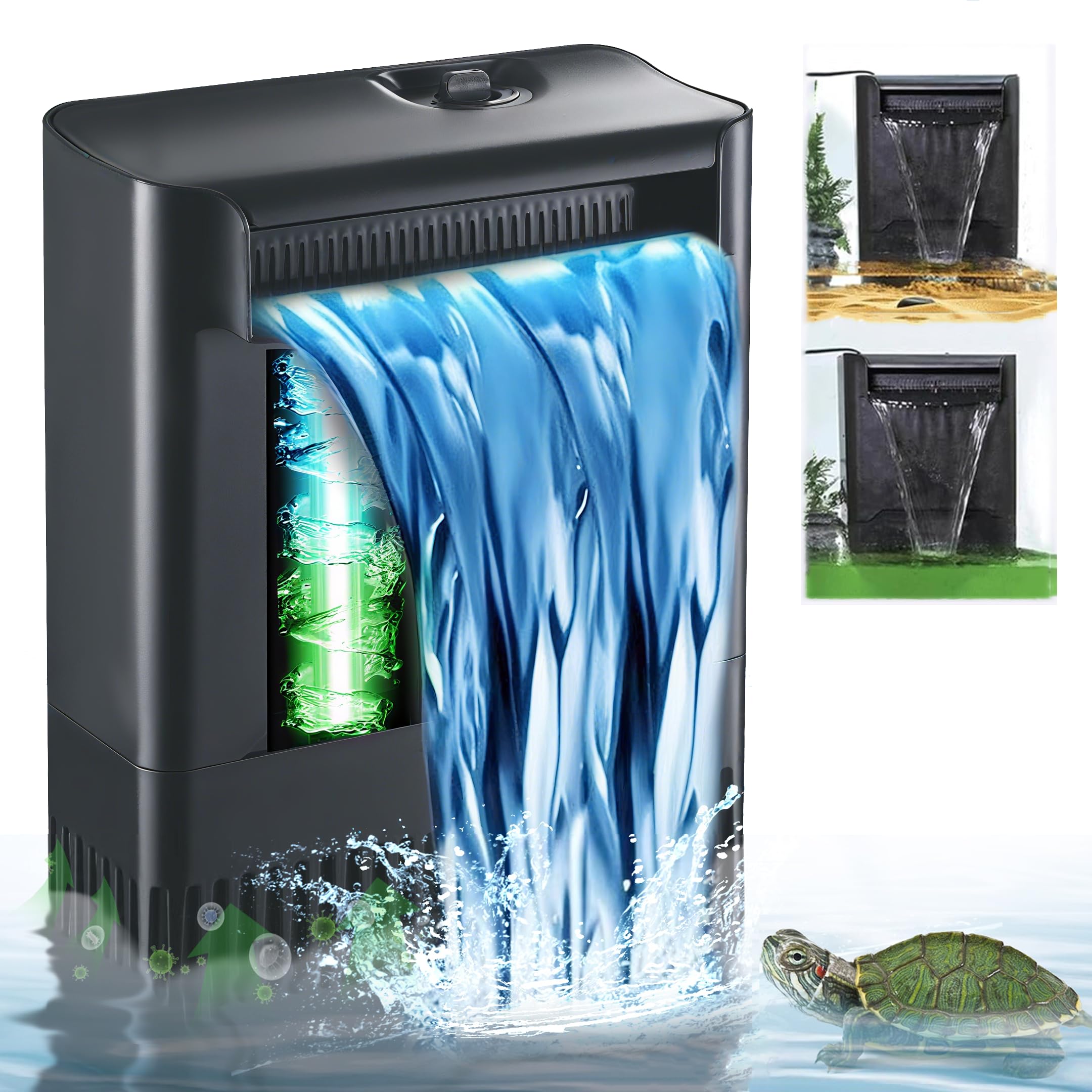 Turtle Tank Filter Aquarium Filter w/ Detachable U-V Light Power Adjustable 30-75 Gal. Large Internal Filter 4-Stage Waterfall Bio-Filtration Low Water Level for Freshwater Saltwater Fish Tank