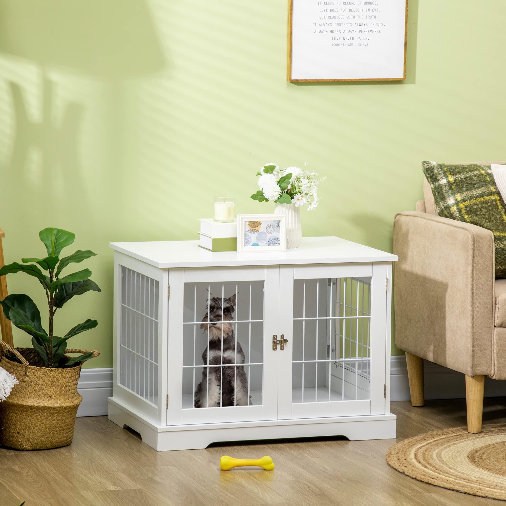 PawHut Cage pour Chien Animaux 2 en 1 Table d'appoint Meuble Cage Chien intérieur avec 2 Portes verrouillables - dim. 76L x 54.5l x 56H cm - Métal et MDF
