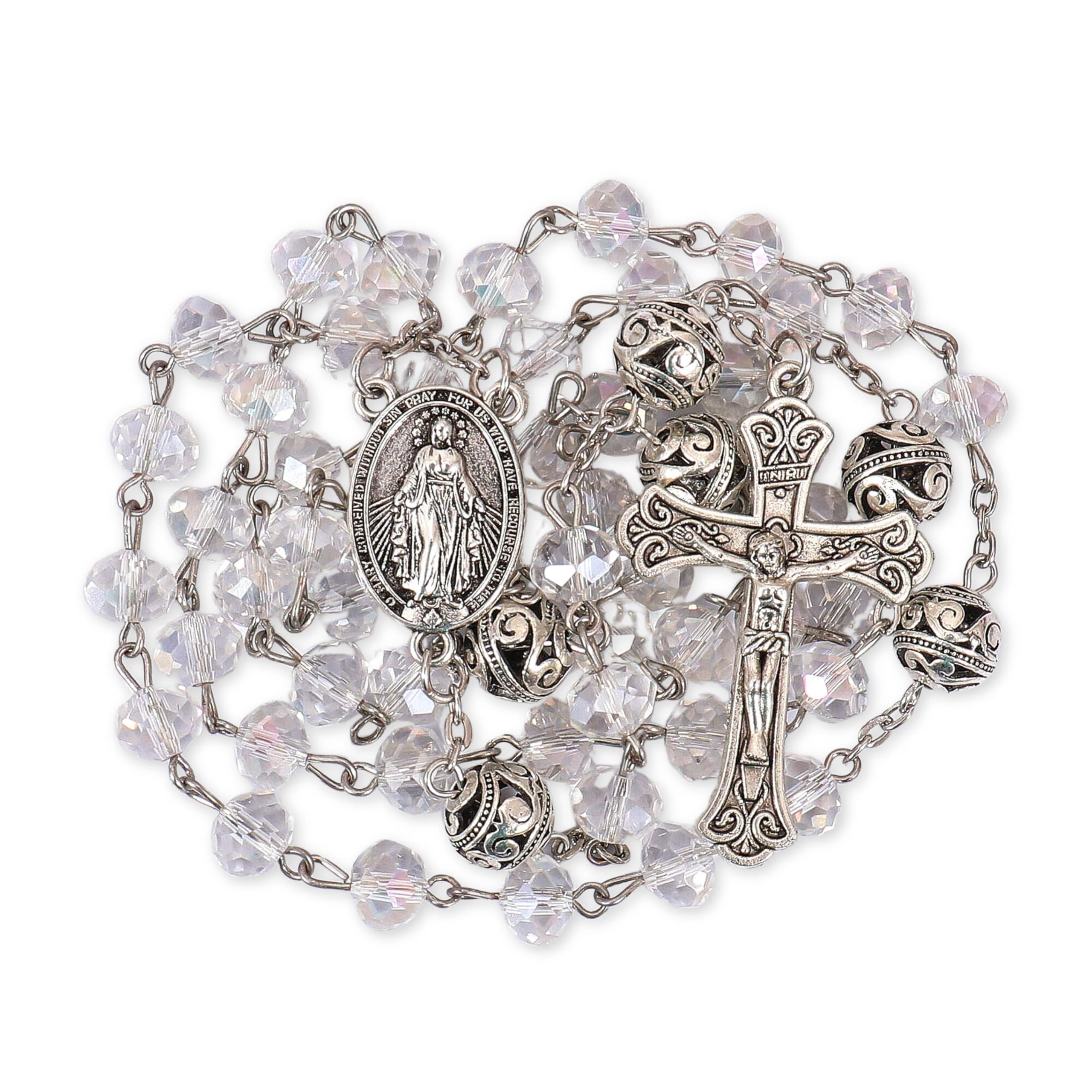Nazareth Store8mm Crystal & 10mm Alloy Mystery Prayer Beads Rosary Necklace Miraculous Medal and Catholic Cross