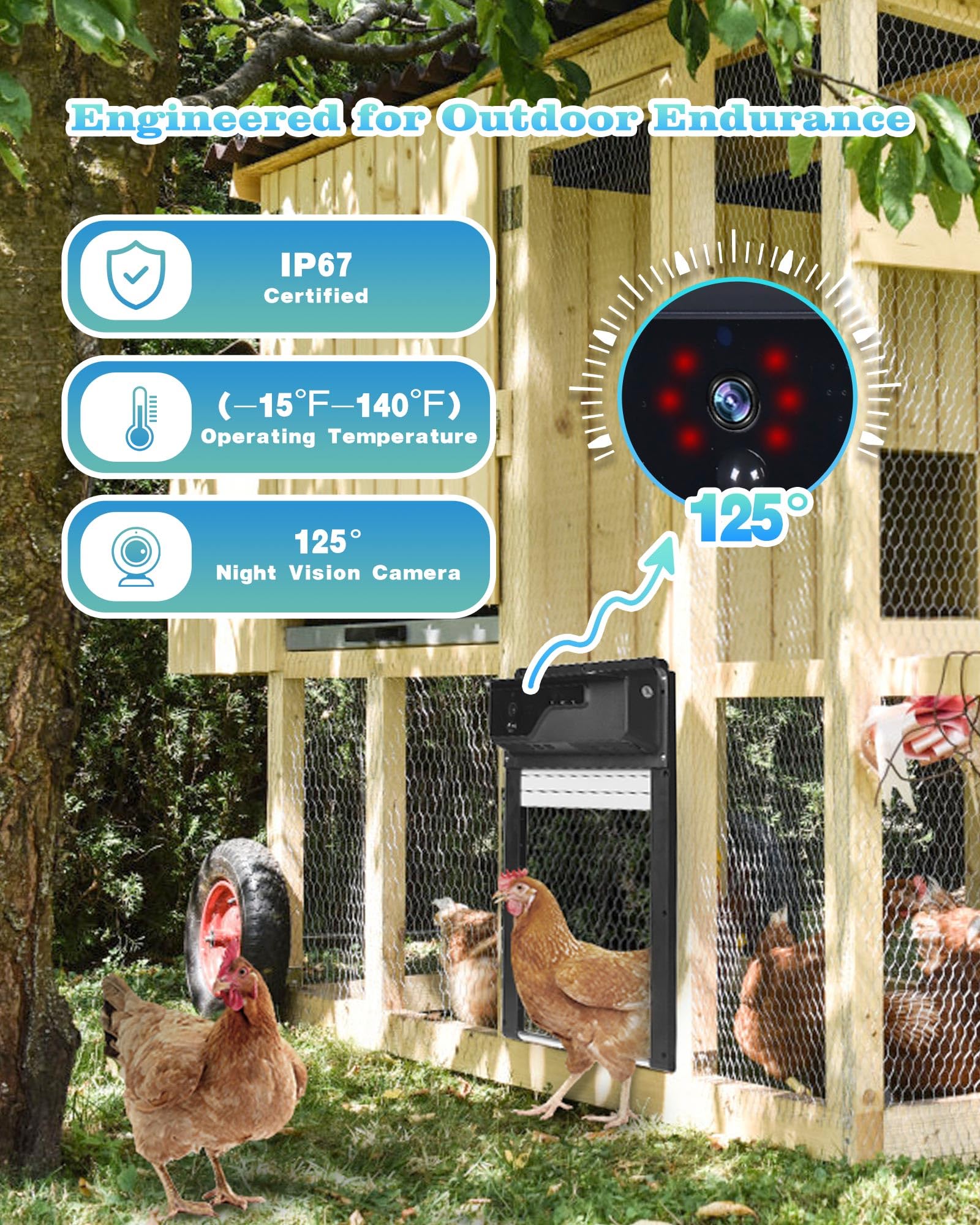 Porta automatica per pollaio con telecamera HD, alimentazione solare, WiFi abilitato, monitoraggio basato su app, telecomando e timer, con sensore anti-trappola e azionamento di allarme