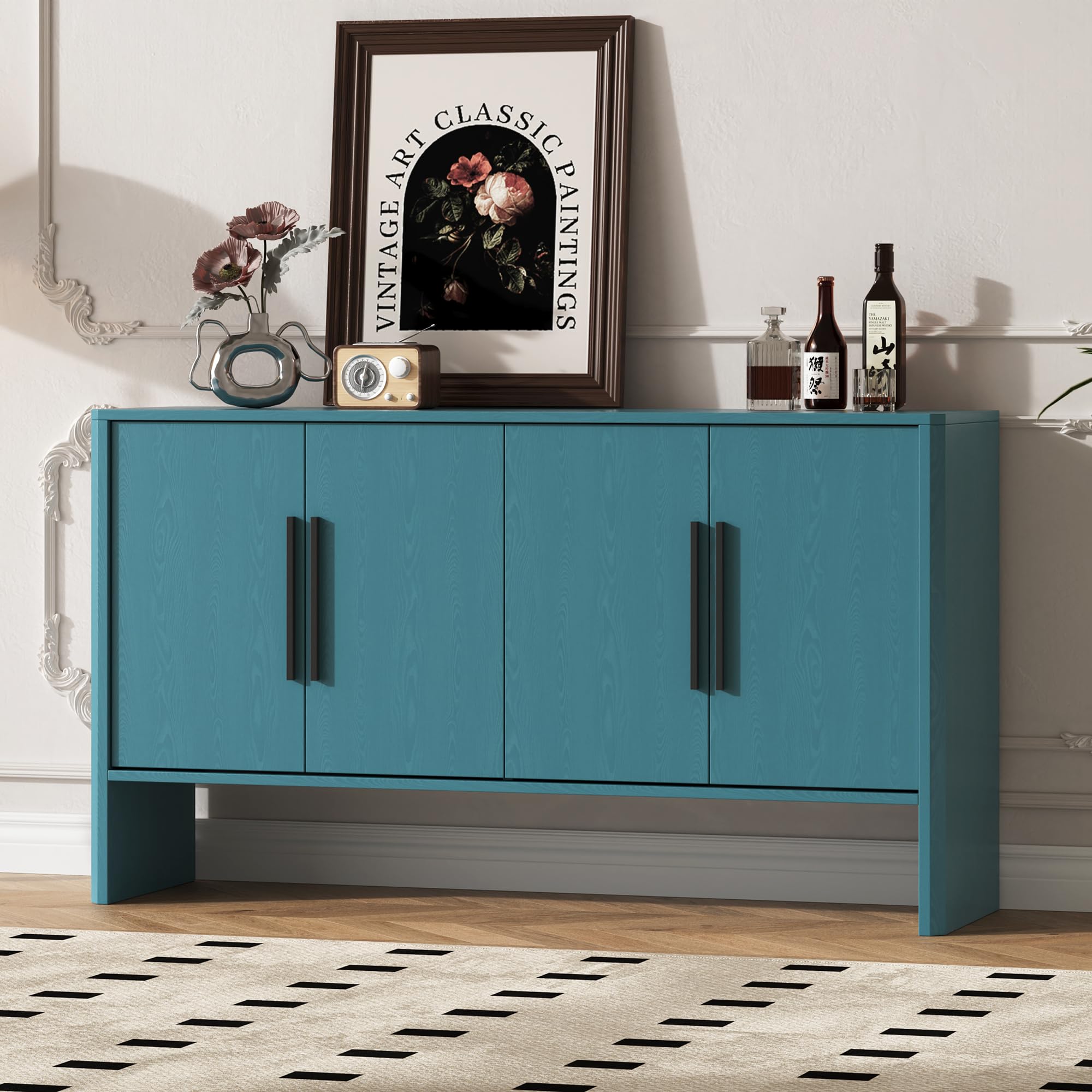 4-Door Large Storage Retro Sideboard with Adjustable Shelves and Long Handles for Kitchen, Dining Room and Living Room (Antique Blue)