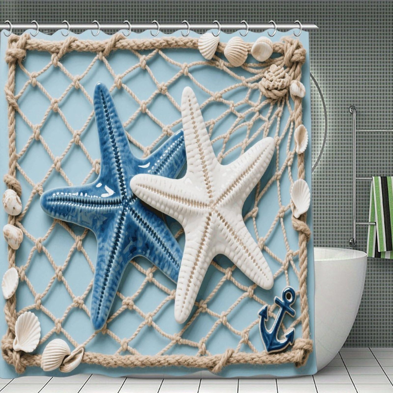 VstaDank Sea Theme Starfish Shower Curtain Waterproof Bathroom Shower Curtain with C Type Hooks Soft Lightweight Shower Curtains Liner Washable Polyester Cloth Shower Liner 71x71 Inch