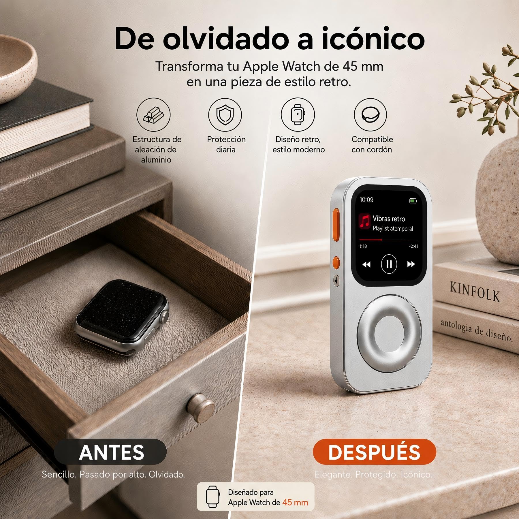Funda Protectora de Aleación de Aluminio Estilo Retro iPod para Apple Watch Series 7/8/9, con Rueda de Clic, Kit de Reproductor de Música Compatible con AirPods, para iWatch 45 mm