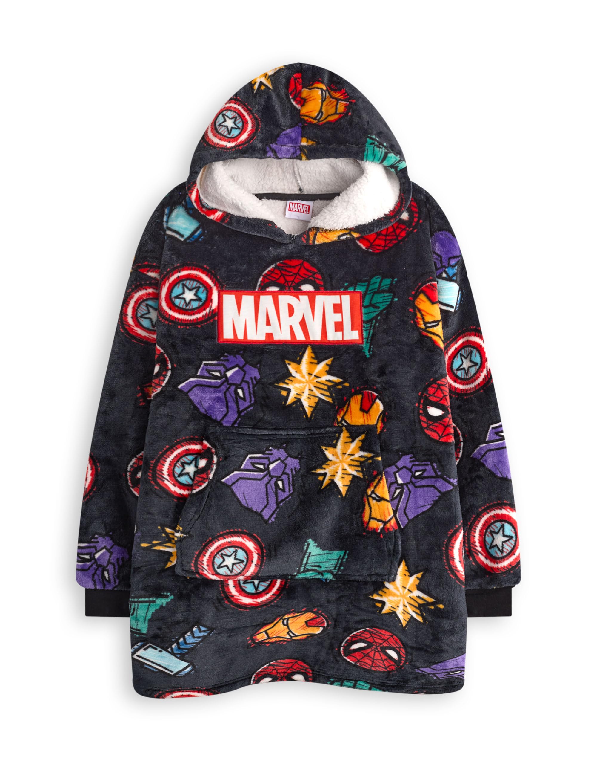 Marvel Sudadera con Capucha para niños | Jersey Polar con Capucha para niños en Gris Oscuro con Estampado Integral de íconos de superhéroes | Ropa de Estar por casa con Forro Sherpa y Bolsillos