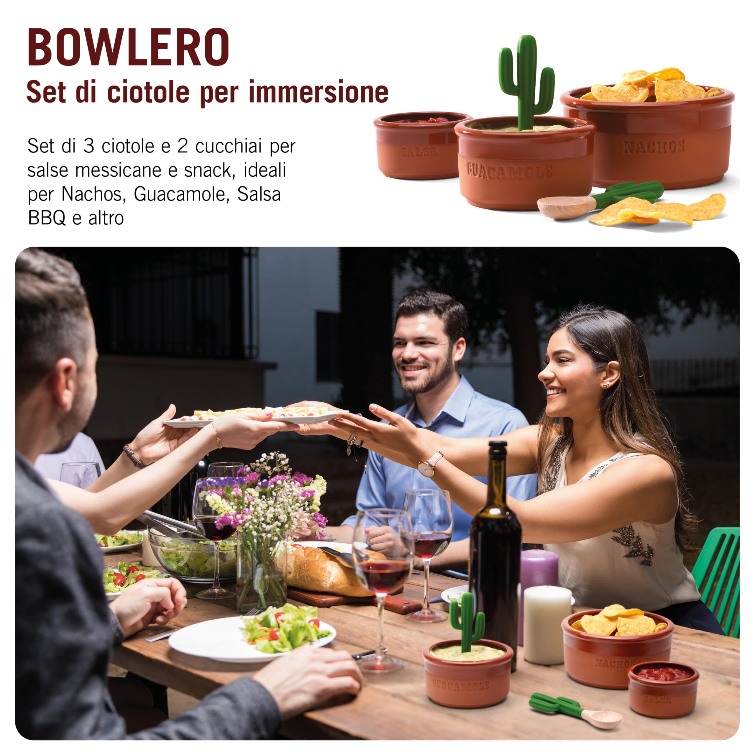 Monkey Business Bowlero - Set di Ciotole per Immersione in Terracotta, Porta Salse e Piatti Fondi per Brodo con 3 Ciotole da Brodo e 2 Cucchiai per Immersione, Ideali per Cucina e Servizio delle Salse