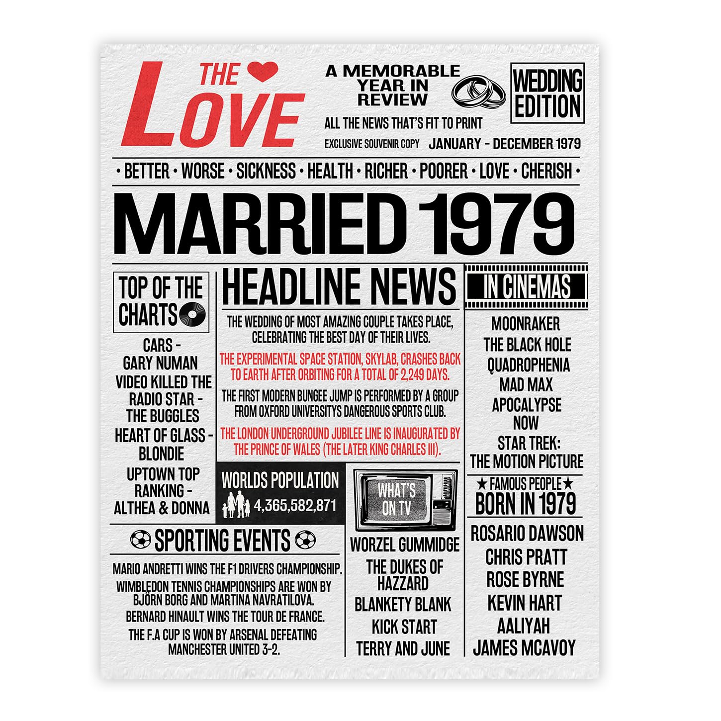 Stuff4 47th Anniversary Poster Unframed - Married In 1979 Newspaper - Happy 47th Wedding Anniversary for Men Women Vintage Gifts Retro Back In 1979, 8x10 Inch Anniversaries Posters