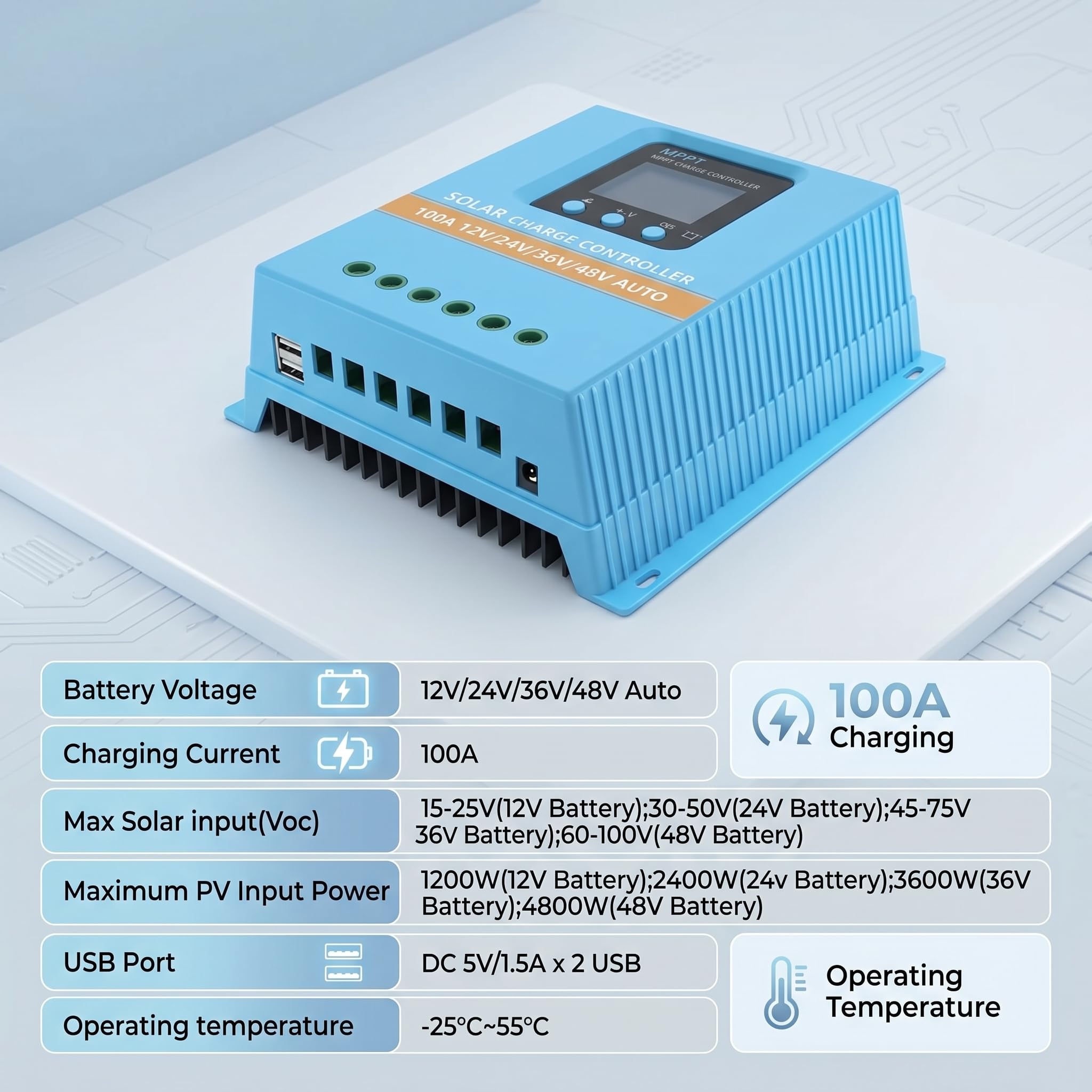 Regulador Solar 100A MPPT/PWM Híbrido | Detección Automática 12V/24V/36V/48V | Pantalla LCD & Dual USB | Para Baterías de Litio (LiFePO4) y Plomo | Ideal para Autocaravana, Casa y Huerto