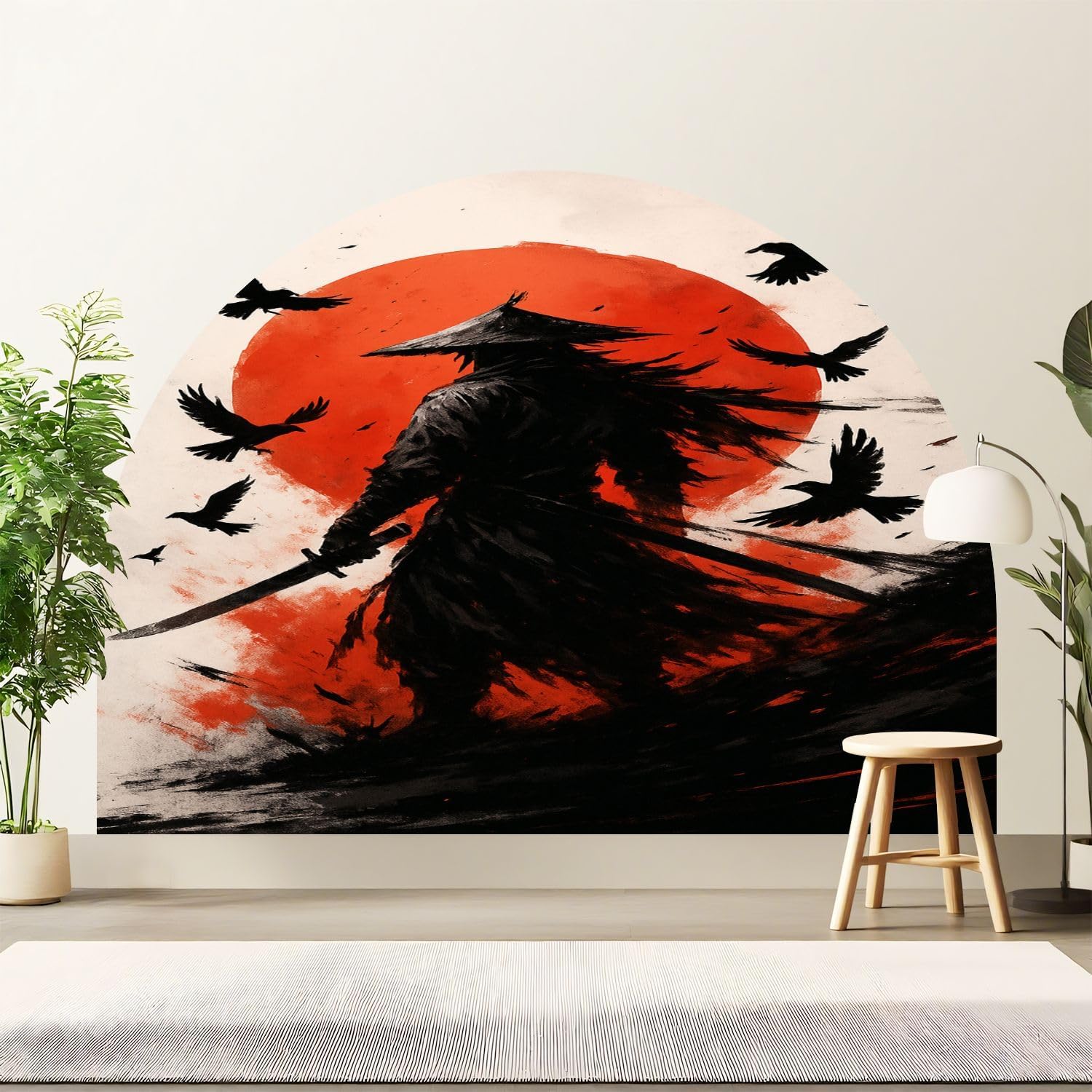 Arch Wall Decals Peel and Stick Dark Warrior Samurai Crows Rising Sun Swords Traditional Hat Mixed Boho Headboard Large Wall Sticker Self Adhesive Removable Mural Decor for Bedroom Nursery 83"x61"