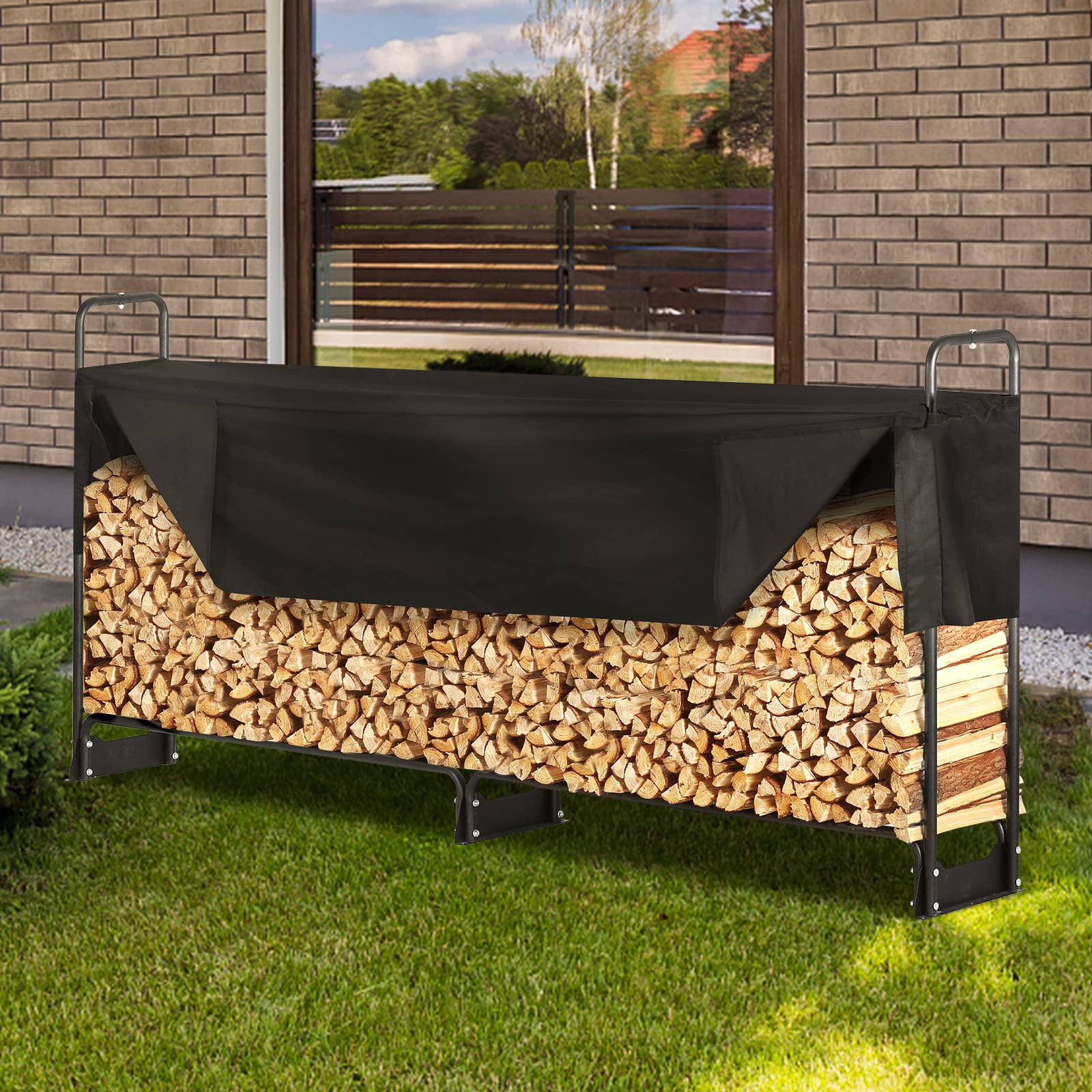 VEVOR Estante de Almacenamiento de Leña 259x36x117 cm Marco de Acero Soporte de Leña con Funda Impermeable 600D Oxford Leñero para Chimenea para 1/2 Cuerda de Leña Carga de 300 kg para Jardín Terraza