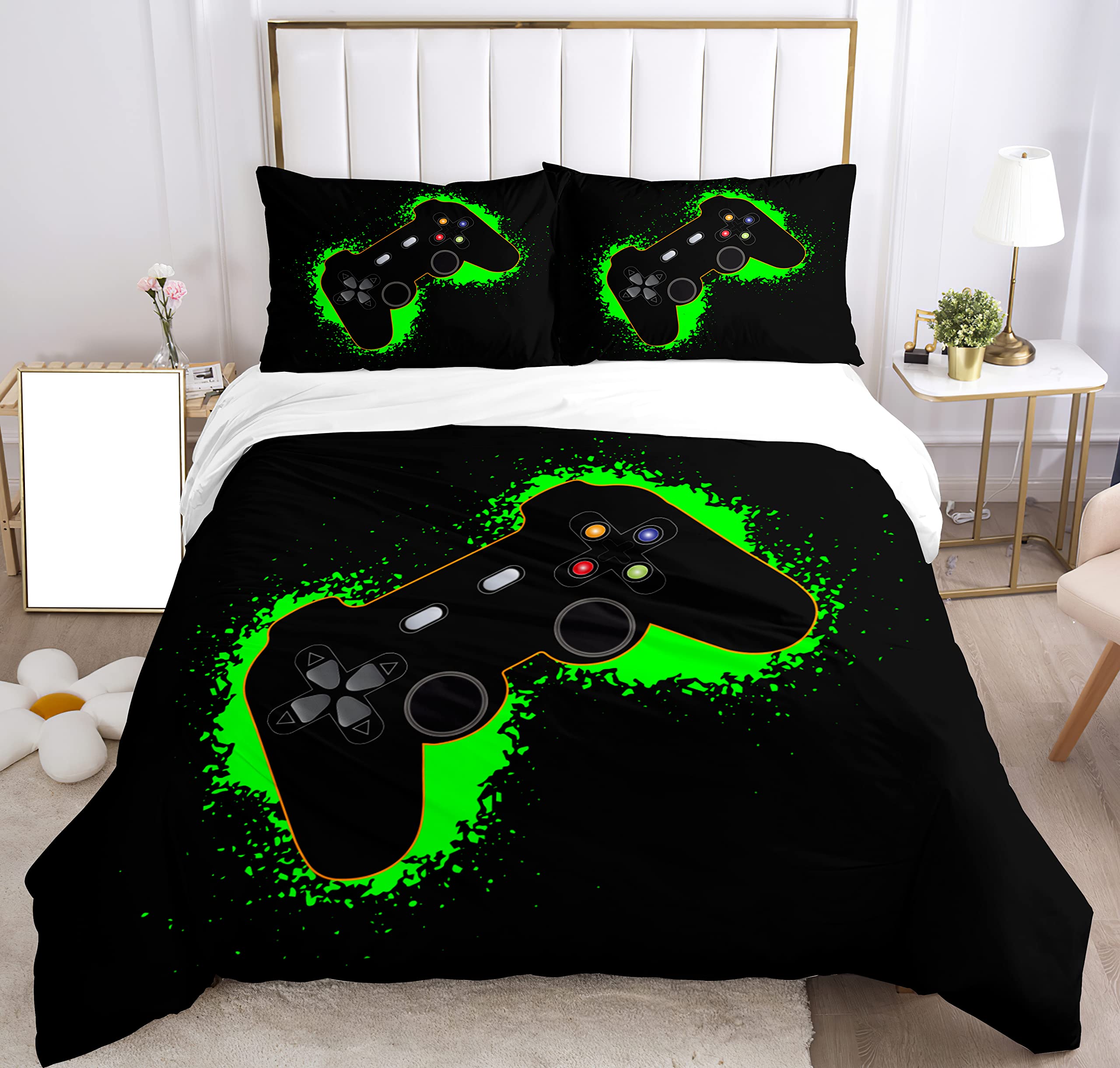 Housse de couette jeux 200x200cm en microfibre verte anti-plis facile à laver