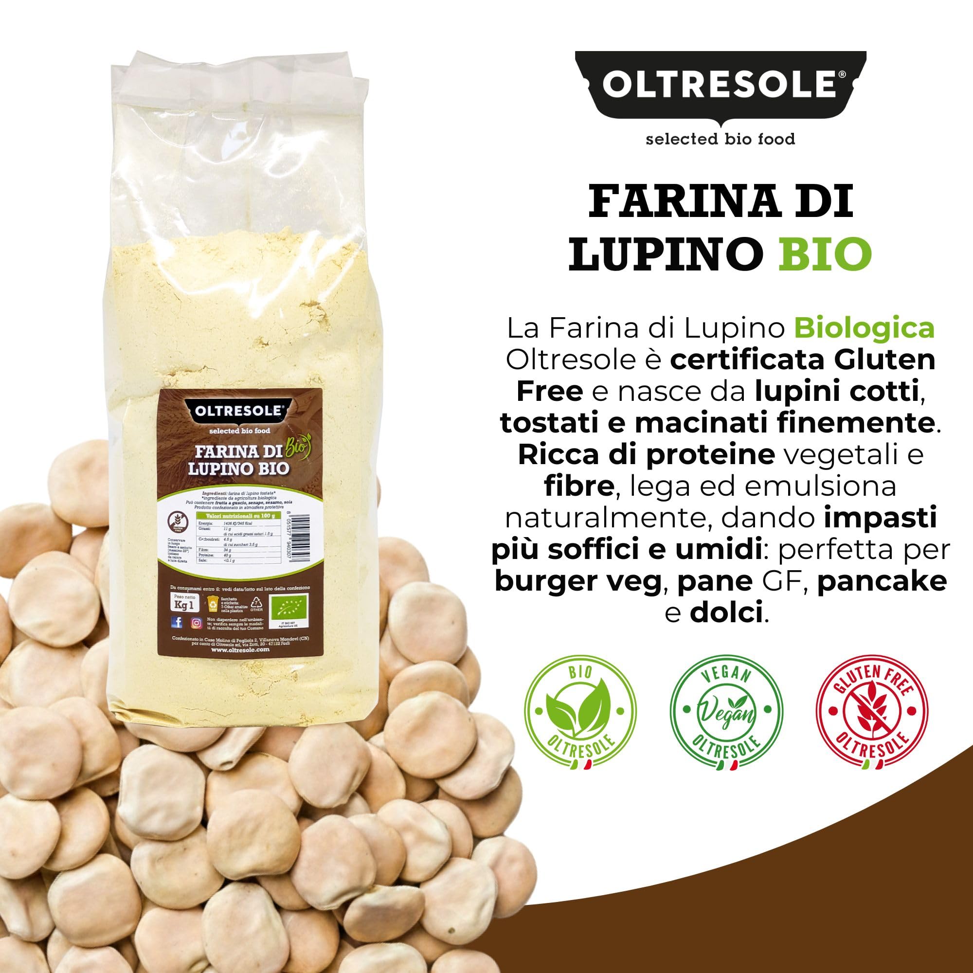Oltresole - Harina de Altramuz Ecológica 1 kg - Harina de Legumbre Ecológica, Rica en Proteínas, Baja en Carbohidratos, Rica en Fibra, Perfecta para Dulces y Salados, Vegana