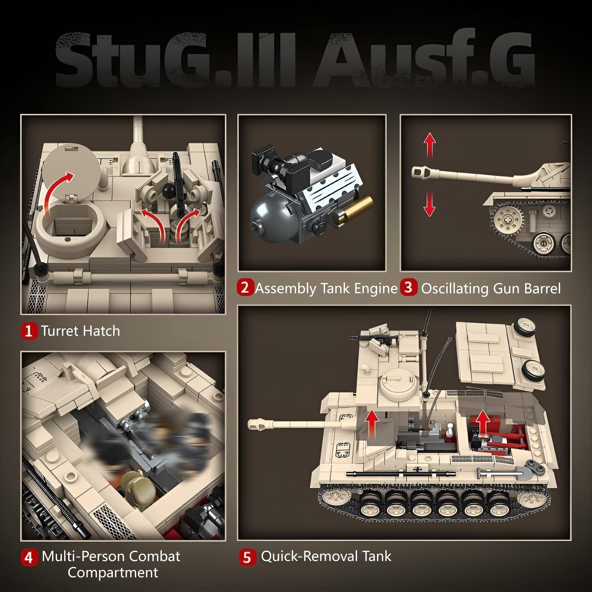 Technik Panzer Bausteine, StuG.III AUSF.G Panzer Klemmbausteine, WW2 Militär Gepanzertes Fahrzeug Bausatz Modell Spielzeug, Geschenke für Erwachsene und Militärfans, 940 Teile