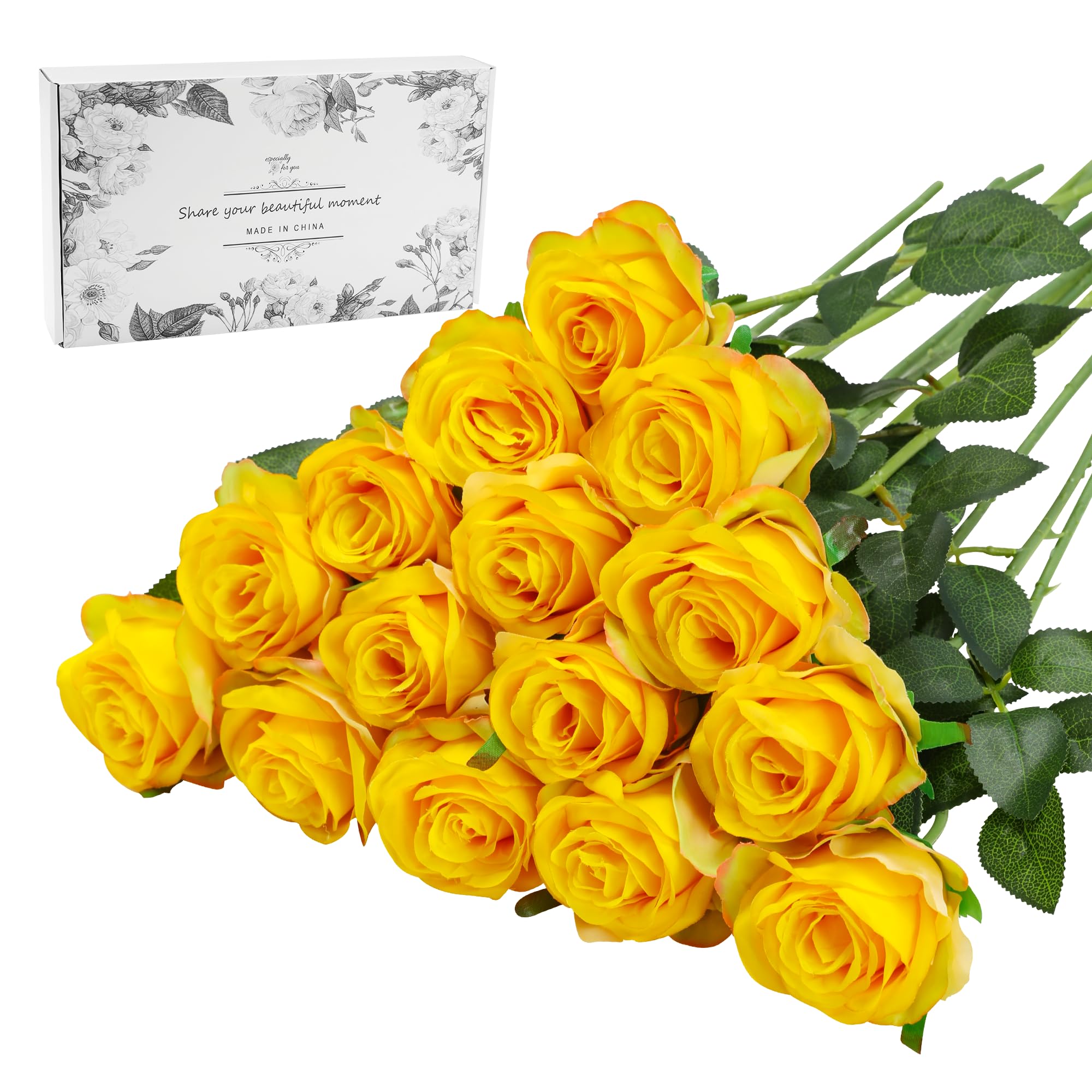 Tifuly Yellow Fake Roses Artificial Flowers - 16 Pcs Fake Artificial Yellow Roses Silk Flowers with Stems for Home Wedding Hotel Office Centerpiece Decor — image 1