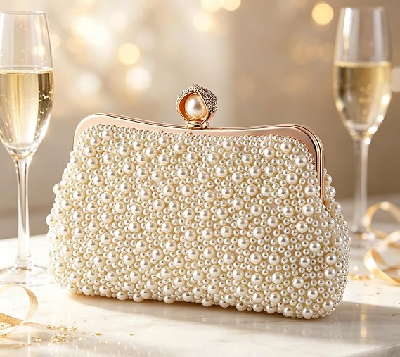 Women Pearl Evening Bag Bride Beaded Clutch Purse Cream White for Wedding Party