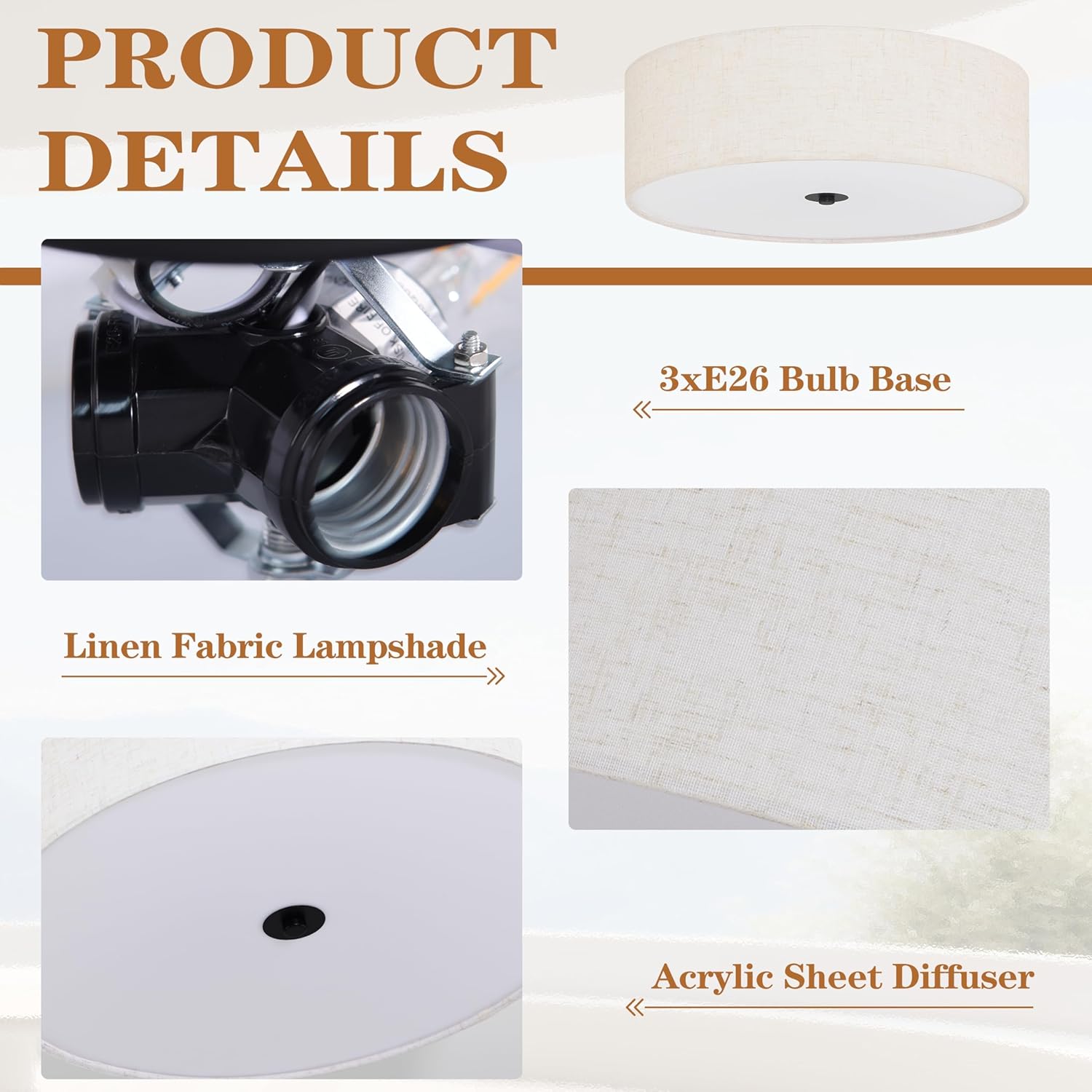16 Inch 3-Light Drum Modern Black Ceiling Light Fixture Flush Mount Ceiling Light Fixture Dimmable Close to Ceiling Light Fixture with Fabric Shade for Living Room Hallway Entryway Bedroom