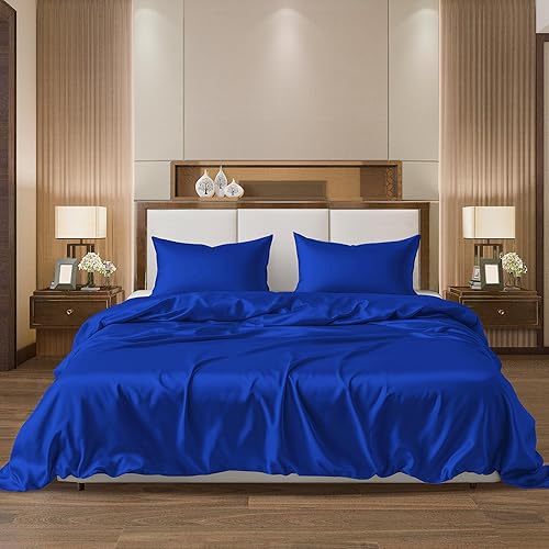Ahmedani Linen - Juego de sábanas de satén sexy de 6 piezas, 1 funda de edredón + 1 sábana bajera + 4 fundas de almohada, color azul marino, tamaño