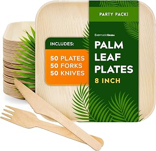 Bamboo Plates with Cutlery - Set of 50 Plates (8in) + 50 Forks + 50 Knives | Biodegradable Palm Leaf Plates | Disposable Dinner Plates | Rustic Dinnerware for Christmas, Wedding, Party